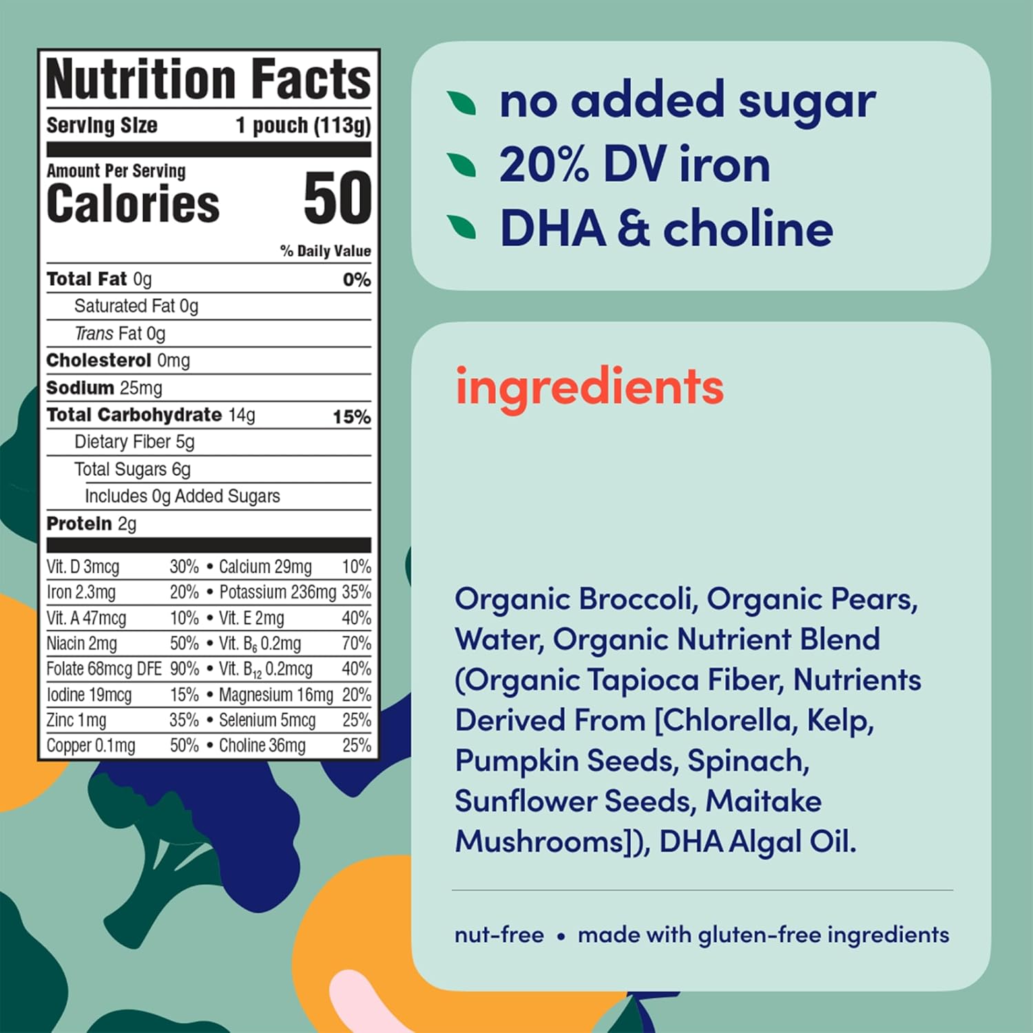 Cerebelly Organic Baby Food Pouches, Broccoli Pear Purees, 16 Nutrients, No Added Sugar, Fiber & Non-GMO, 4oz, 18 Pack