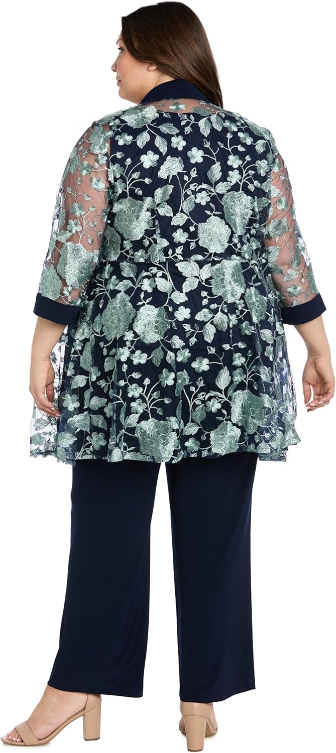 R&M Richards Women's 2-Piece Sheer Floral Embroidered Mock Jacket Pantsuit W/Pull-On Pants