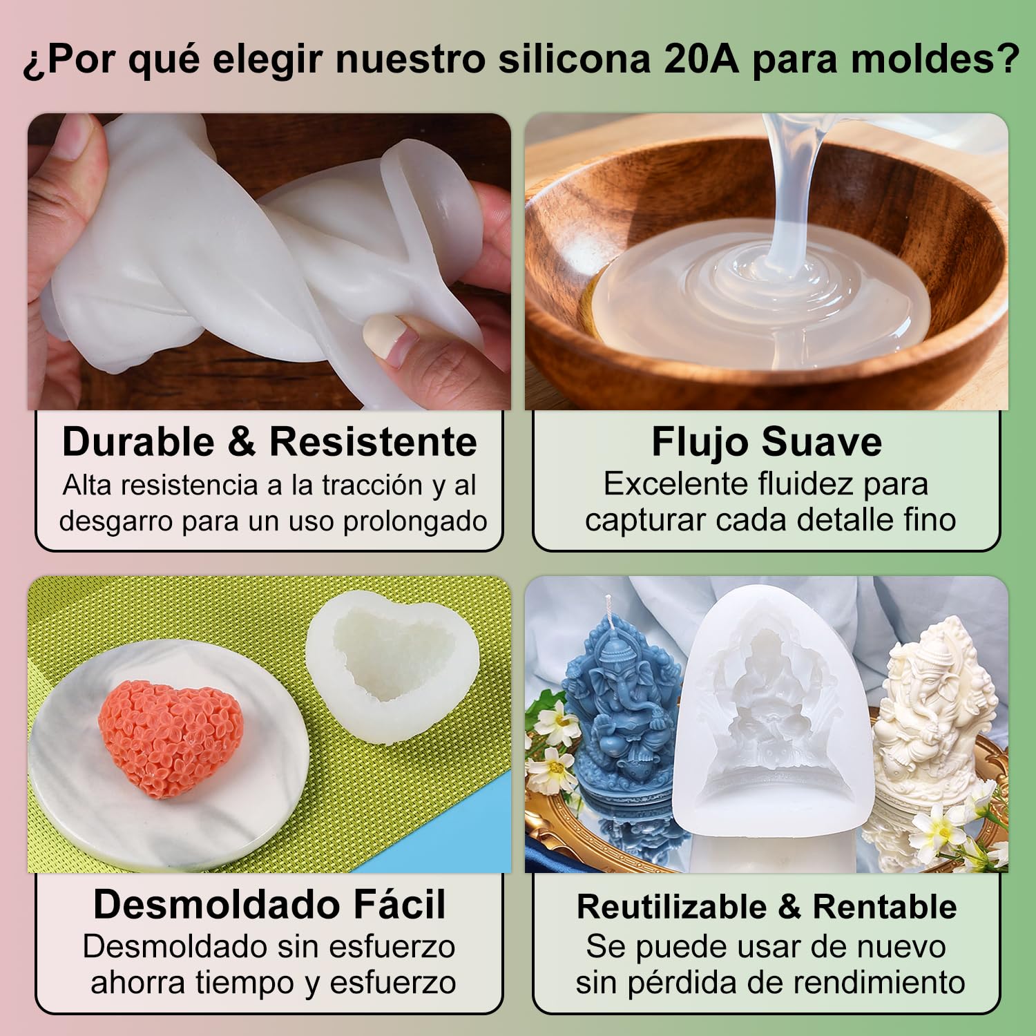 Silicona líquida translúcida 20A 2L, silicona para moldes, kit de fabricación de moldes de silicona, kit profesional de caucho líquido para resina, velas y jabón