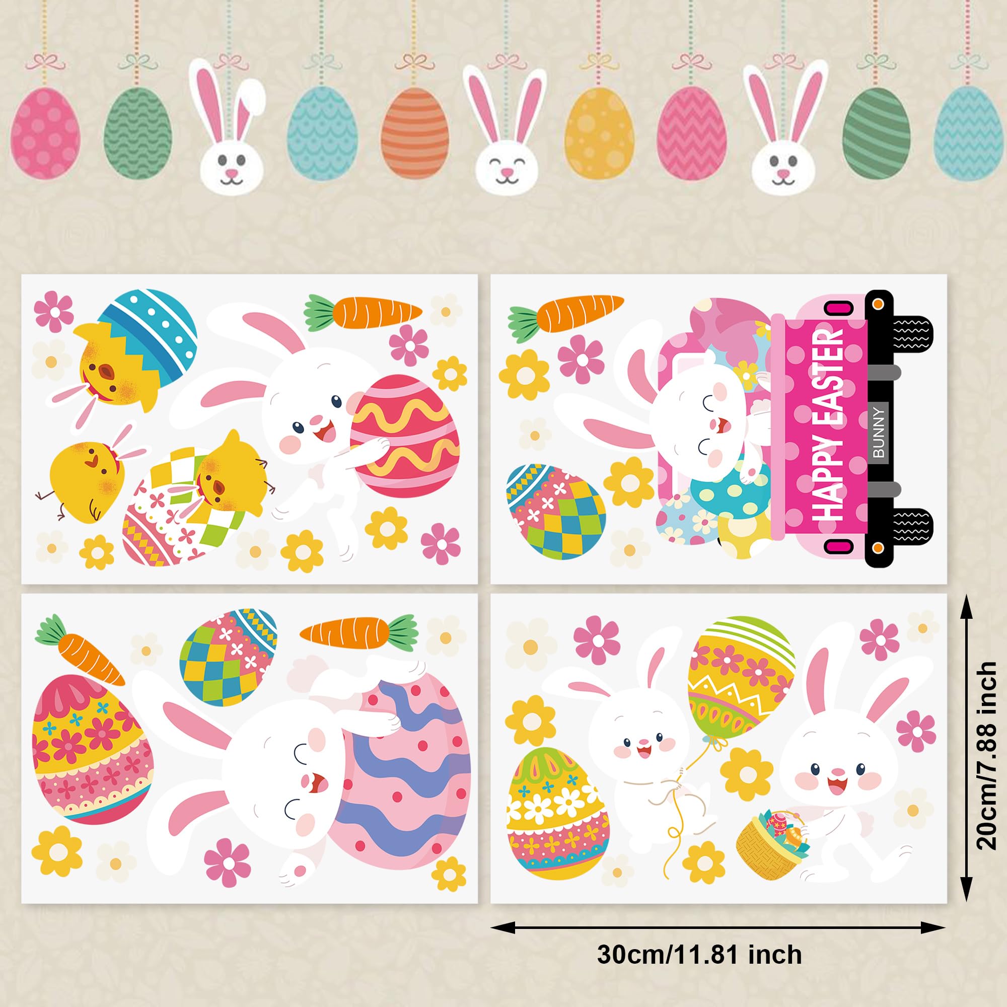 Easter Window Clings Decorations Bunny Easter Eggs Large Window Decals Double Sided Flowers Bunny Window Clings Sticker Happy Easter Glass Stickers for Spring Home School Decor, 4 Sheet
