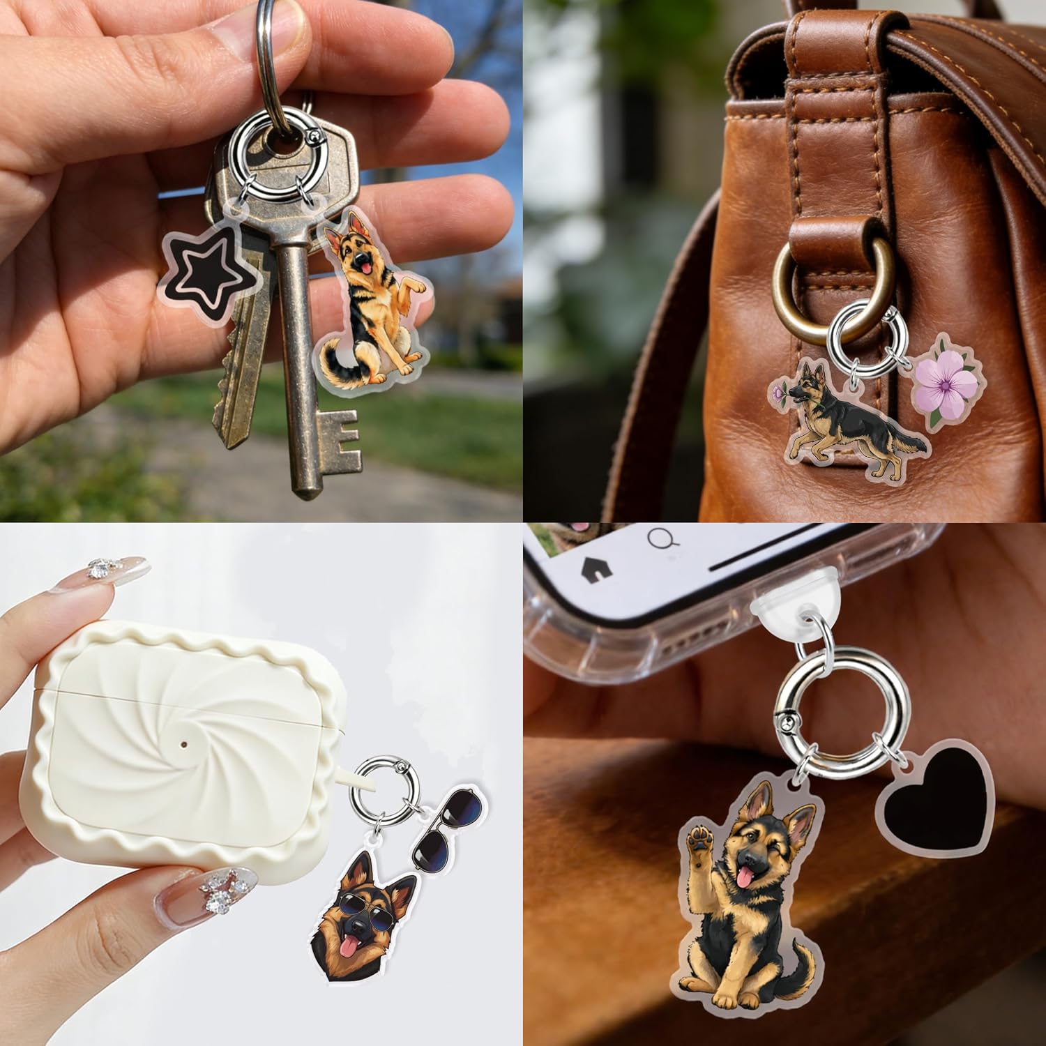 6pcs Cute Phone Charms German Shepherd Keychains Acrylic Bag Purse Charms Aesthetic for Cell Phones Keychains