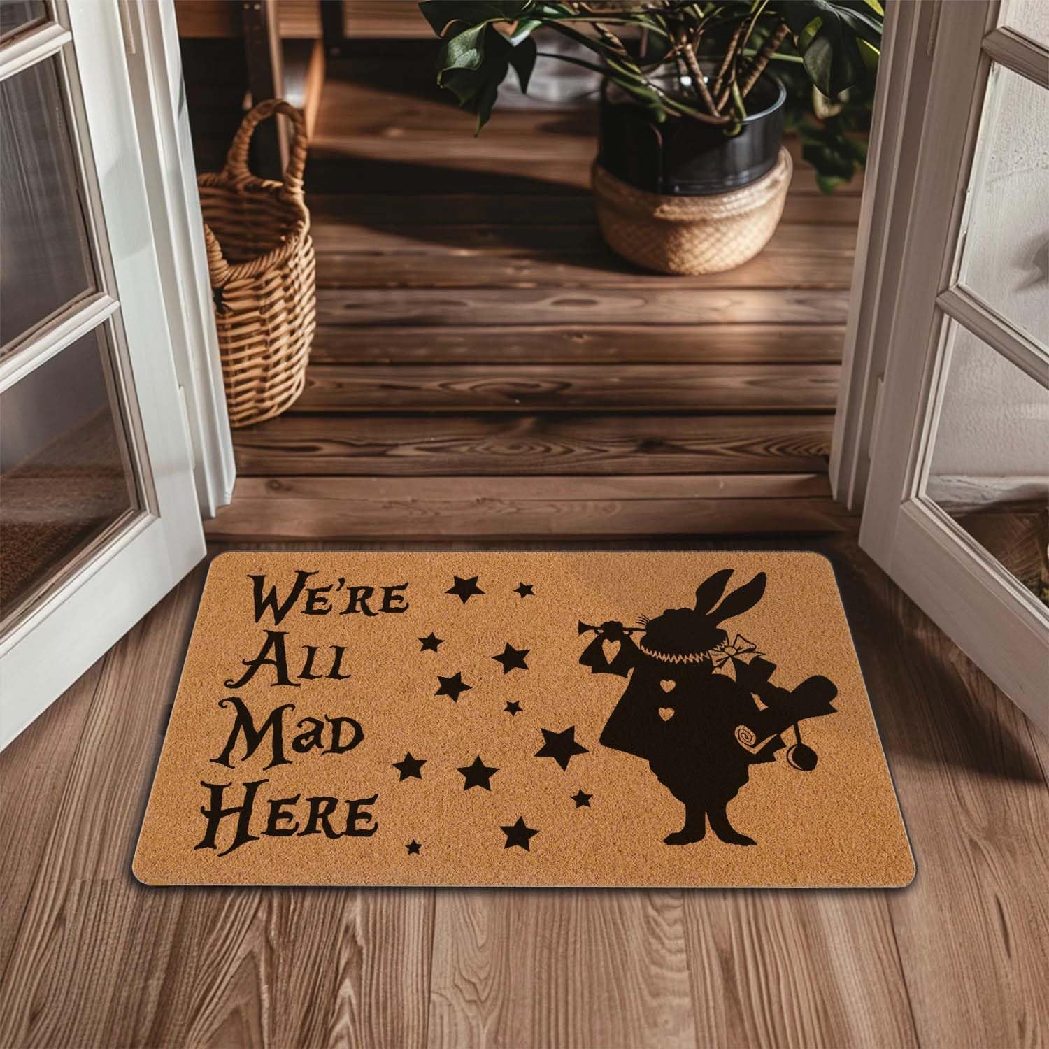 Welcome Door Mat We're All Mad Here Outdoor Indoor Entrance, Low-Profile Floor Mats Non Slip Durable Entrance Rugs for Entry, Patio, High Traffic Areas Front Door, 17" x 29.5"