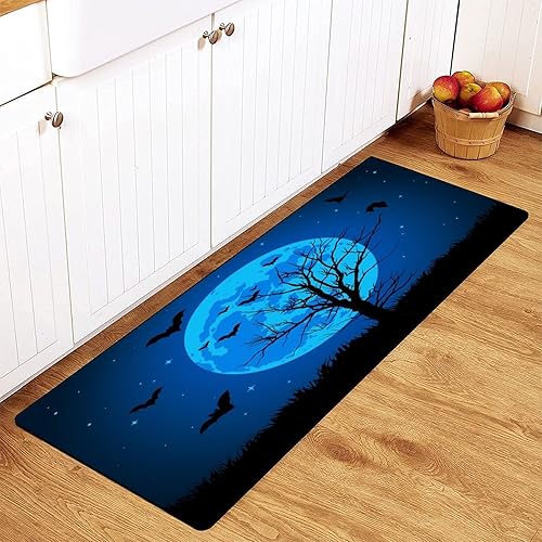 Alfombra de cocina antideslizante azul de murciélagos voladores, alfombra de cocina para Halloween, árbol aterrador, alfombra para decoración del
