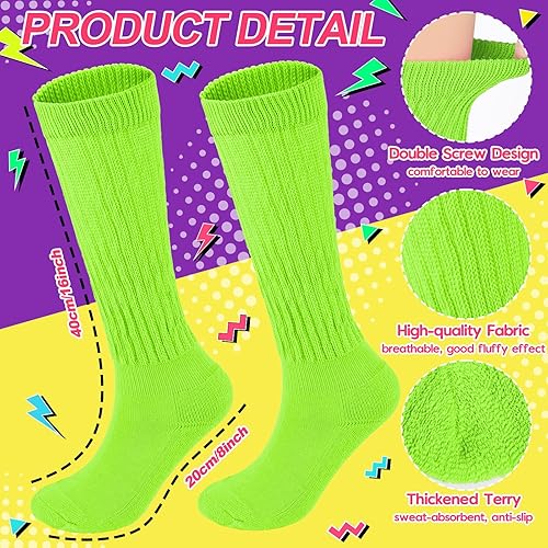 Miniatura 3 de Calcetines holgados de neón para mujer, calcetines altos hasta la rodilla de los años 80 y 90 con aretes de neón y coleteros para fiesta de los años