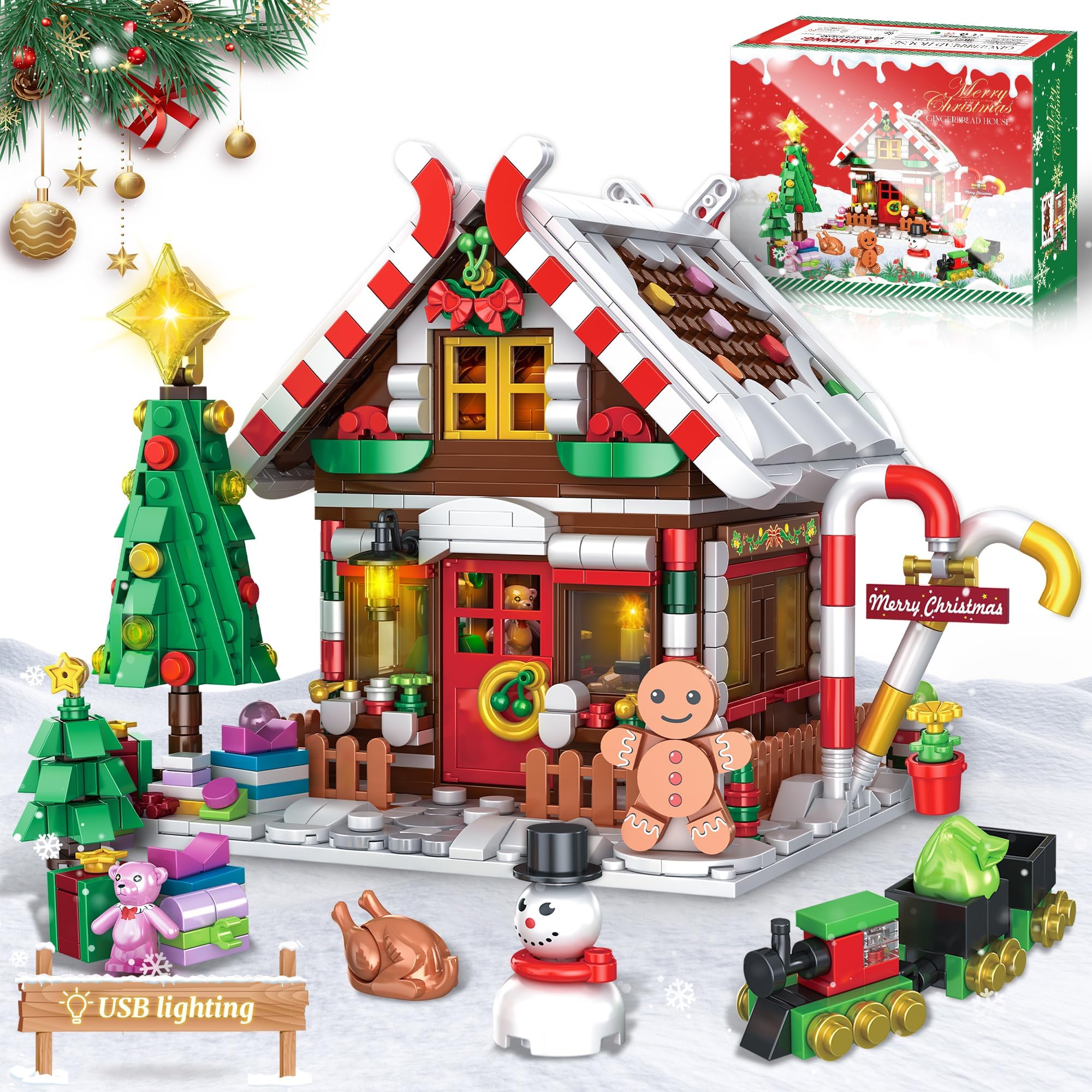 Christmas Gingerbread House Building Block for Girls Age 12+ with LED Lights, Christmas Village House Blocks Set with Christmas Tree and Train, Perfect Xmas Holiday for Adults, 1288Pcs