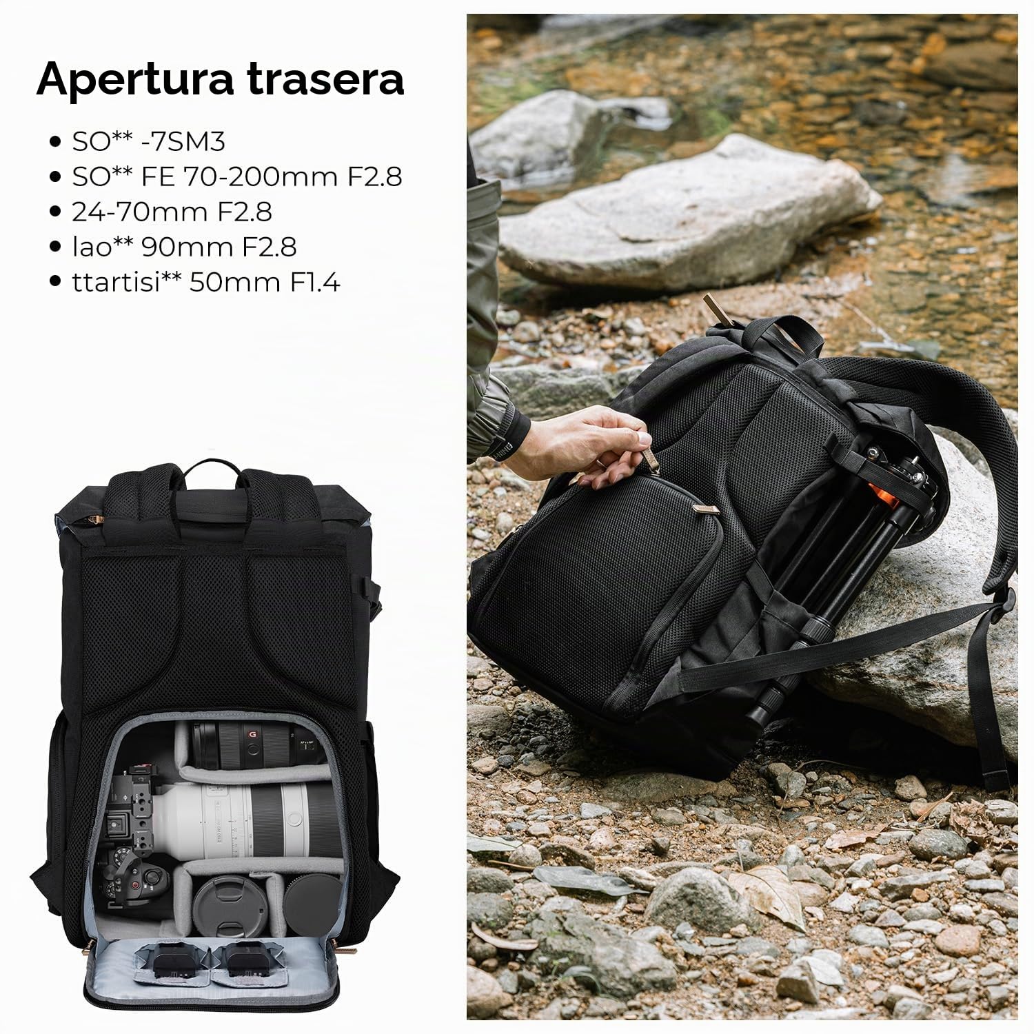K&F CONCEPT Mochila para Cámara Profesional, Bolsa para Fotografía Impermeable, Mochila para Fotográfica Multifuncional 21L Compartimento de Gran Capacidad para Portátil DSLR de 15,6 Pulgadas, Negro