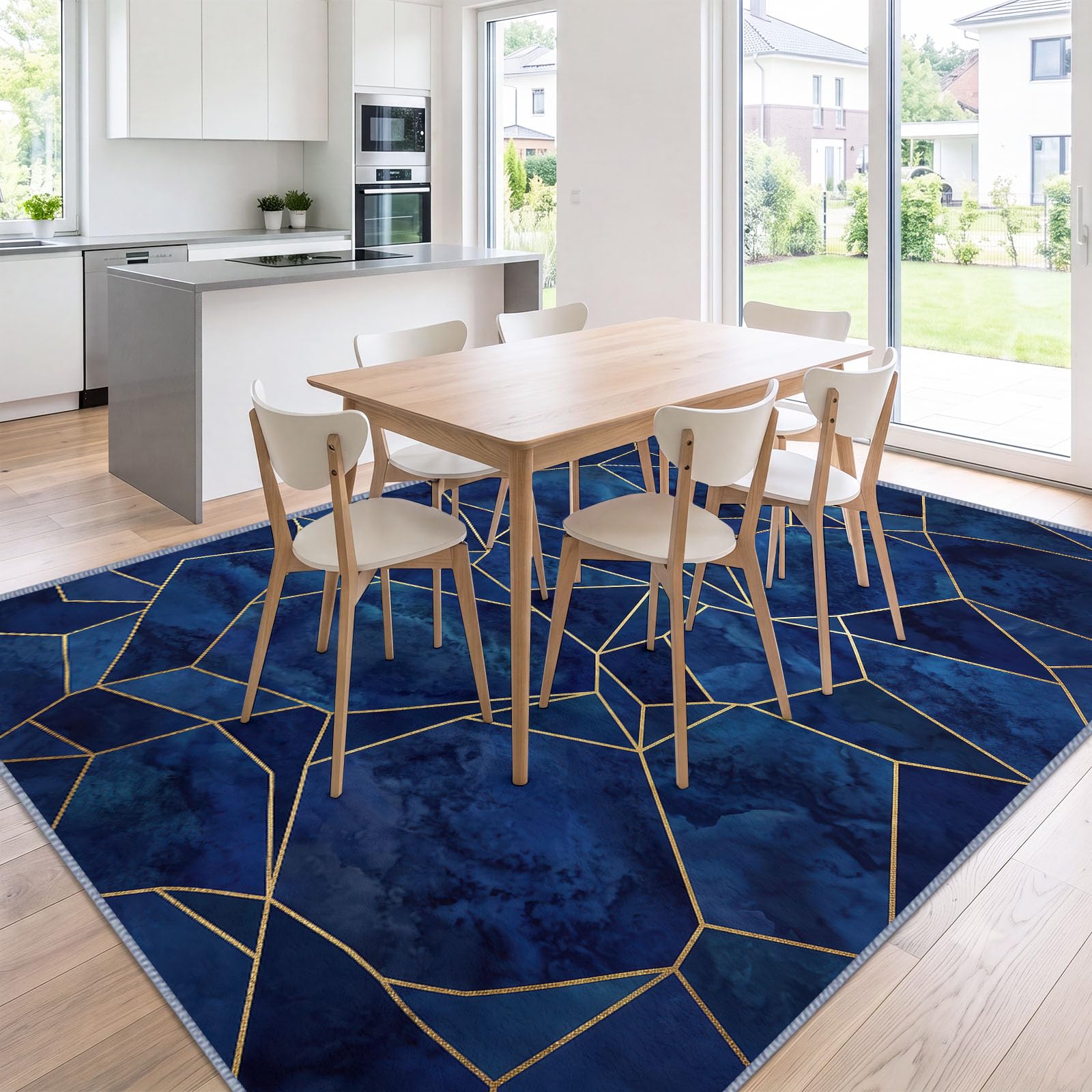 Style Marbre Tapis Salon 80x150cm, Lavable en Machine Antidérapant Grand Lignes Dorées Polygone Géométrique Bleu, Tapis Doux à Poil Ras pour Bureau, Chambre, Salle à Manger
