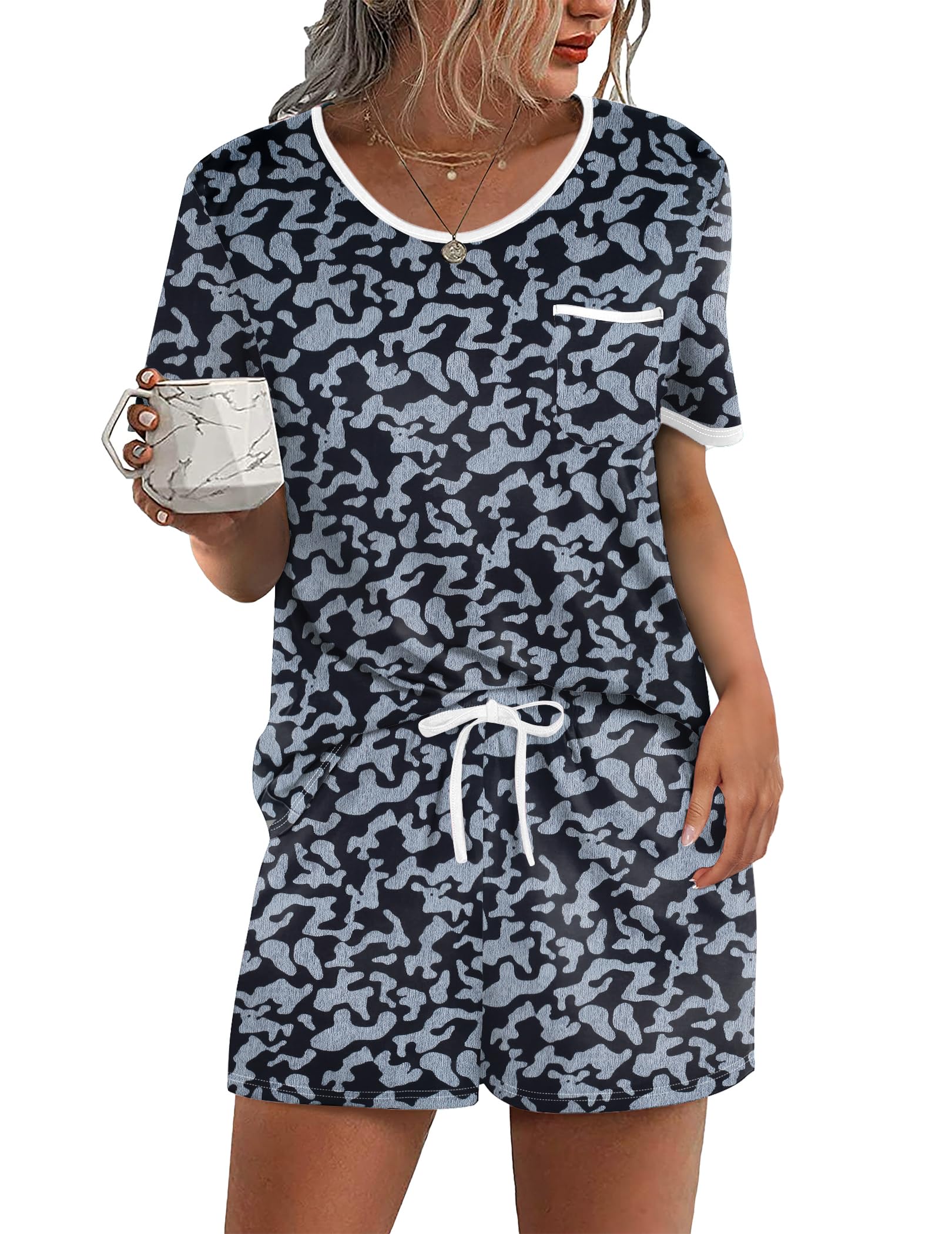 Ekouaer Pajama Set for Women 2 Piece Lounge Set Short Sleeve Tops and Shorts Soft Sleepwear, Chest Pocket