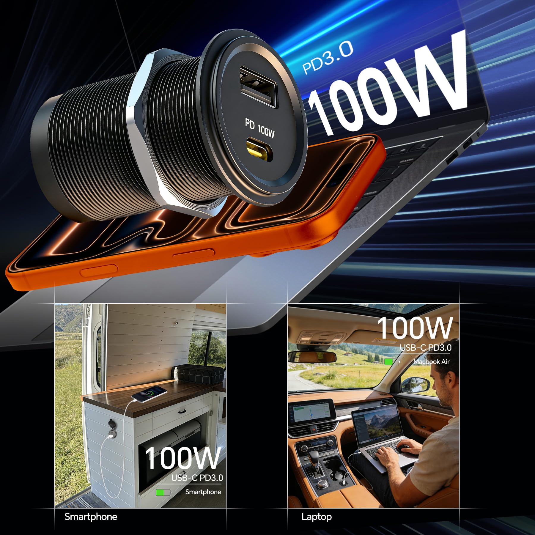 acegoo Presa USB C da 12 V 100 W PD e 18 W QC presa USB per camper, caricabatterie impermeabile per laptop, ricarica rapida per camper, barca, autobus, auto, camion, ATV, golf (confezione da 1)