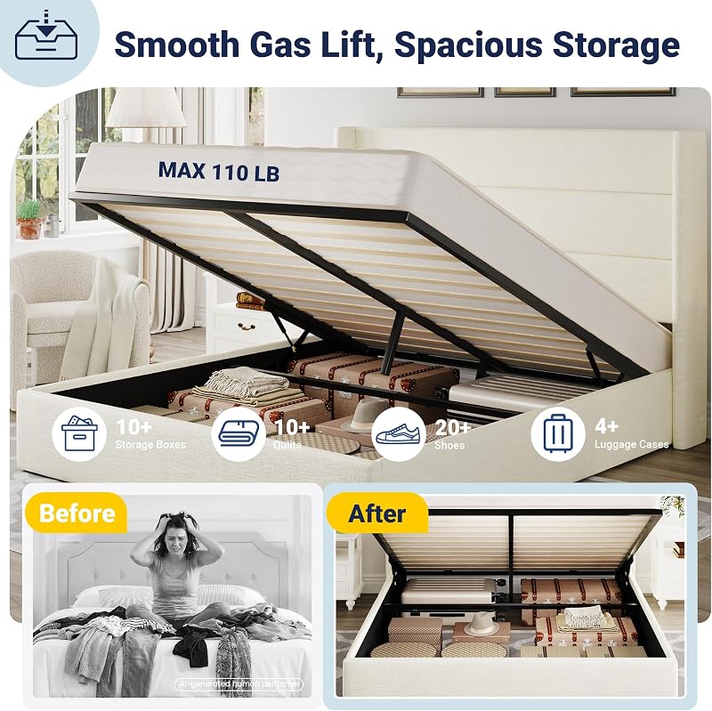 Allewie Queen Size Chenille Lift Up Hydraulic Storage Bed Frame Cream White image 4