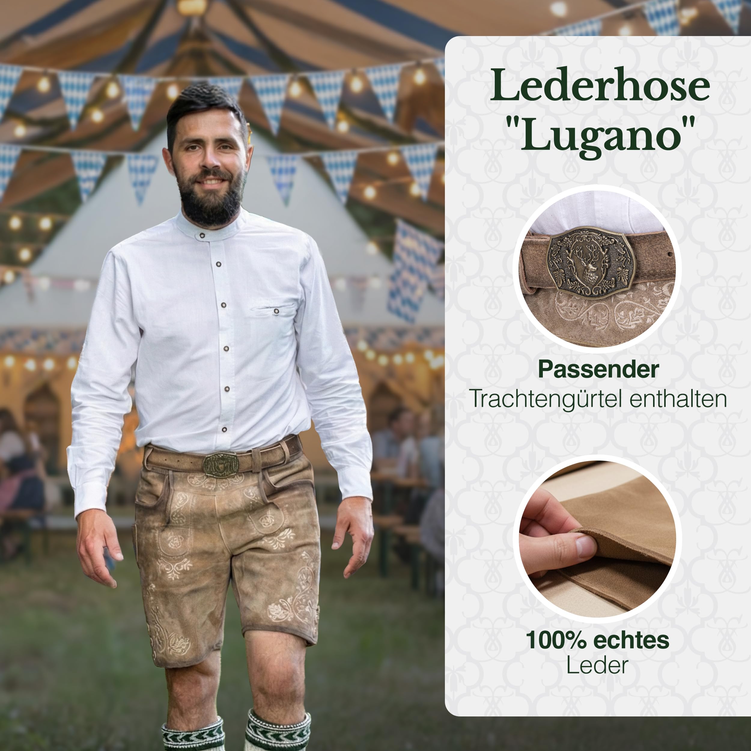Schöneberger Trachten Couture Męskie spodnie skórzane krótkie z paskiem do stroju ludowego, tradycyjne spodnie w stylu vintage na Oktoberfest ze skóry nubukowej, Lugano