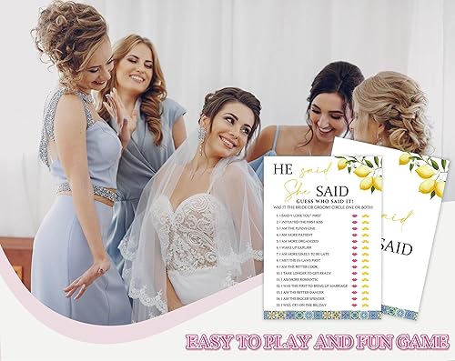 Miniatura 5 de Azulejos azules y limones He Said She Said - Juego para 30 invitados con tarjetas de juego, juego de limones para despedida de soltera, decoraciones