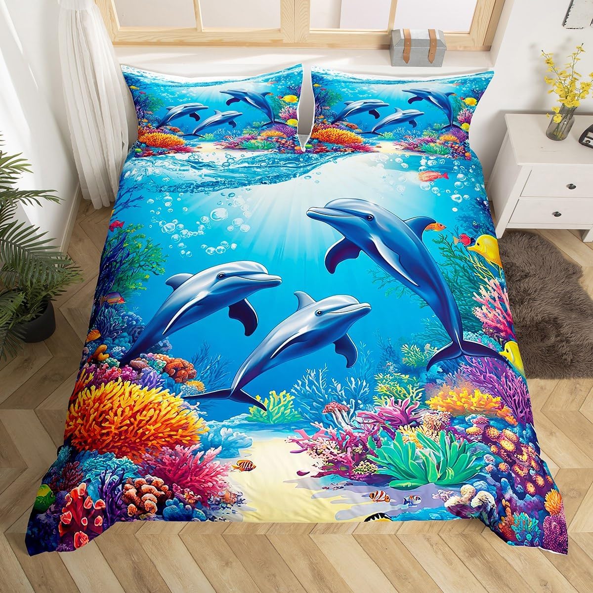 jejeloiu Cute Starfish Duvet Cover Kids Boys Girls Toddler Size Coastal Beach Ocean Bedding Set Soft Summer Holiday Comforter Cover Nautical Sea Creatures Bedspread Cover Ocean Marine,No Comforter