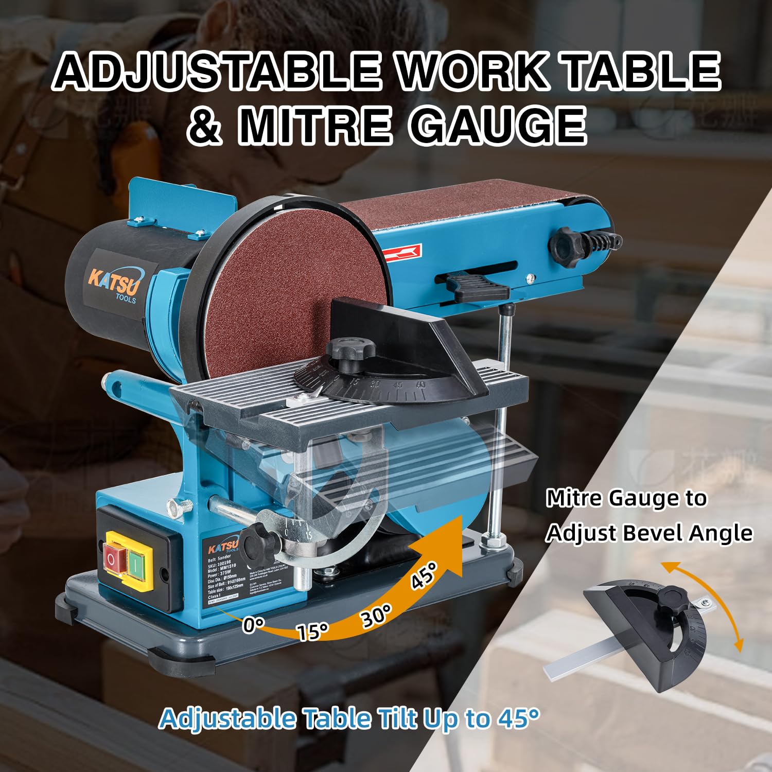 KATSU Tools Lijadora de banda y disco 375 W – disco 150 mm, banda 100×914 mm, mesa ajustable, extracción polvo, madera/metal/plástico | Mesa ajustable y extracción de polvo, ideal para madera y metal, acabado preciso, modelo 100198