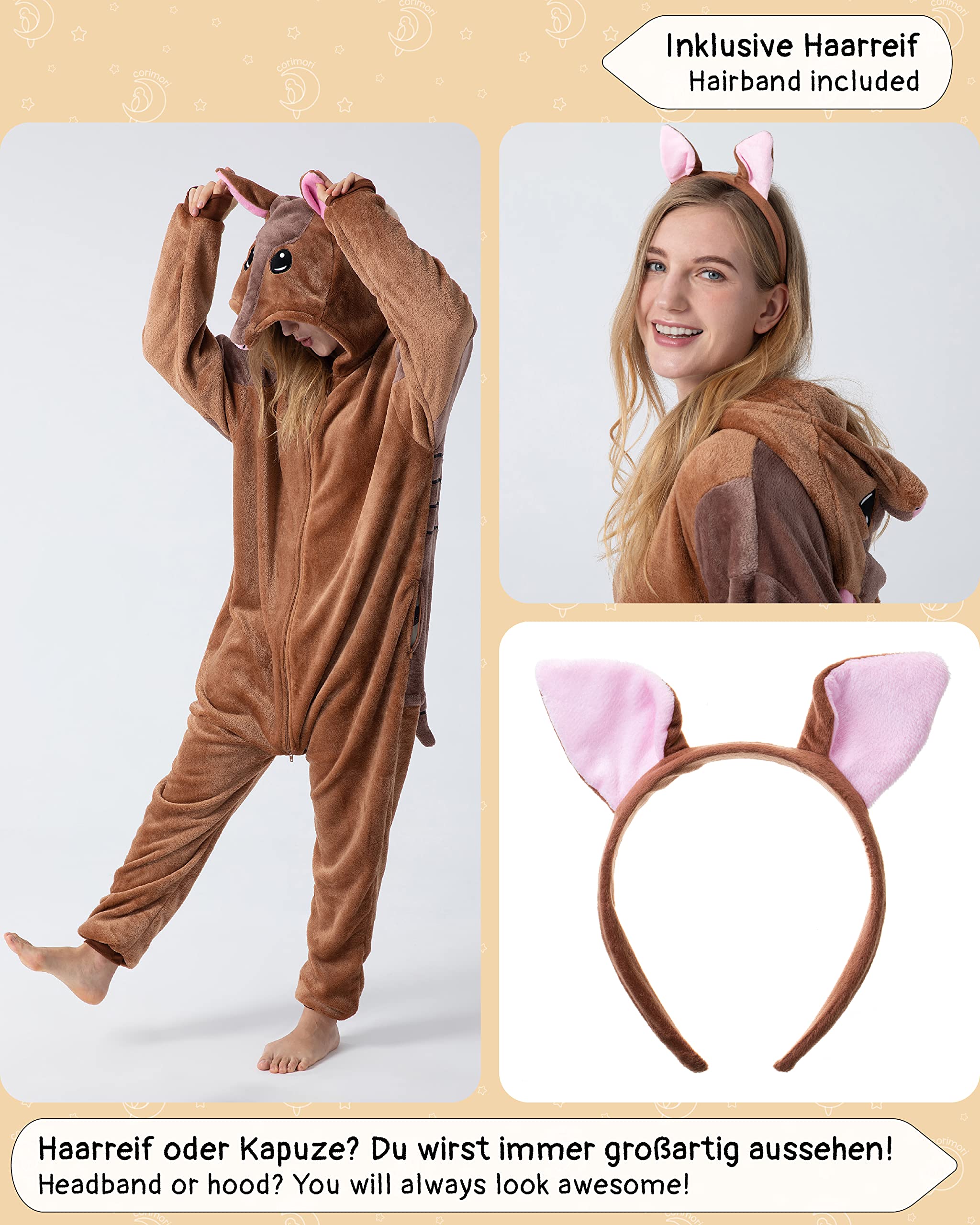 corimori Morbidi costumi da adulto con chiusura lampo e fascia per capelli (150-190 cm)