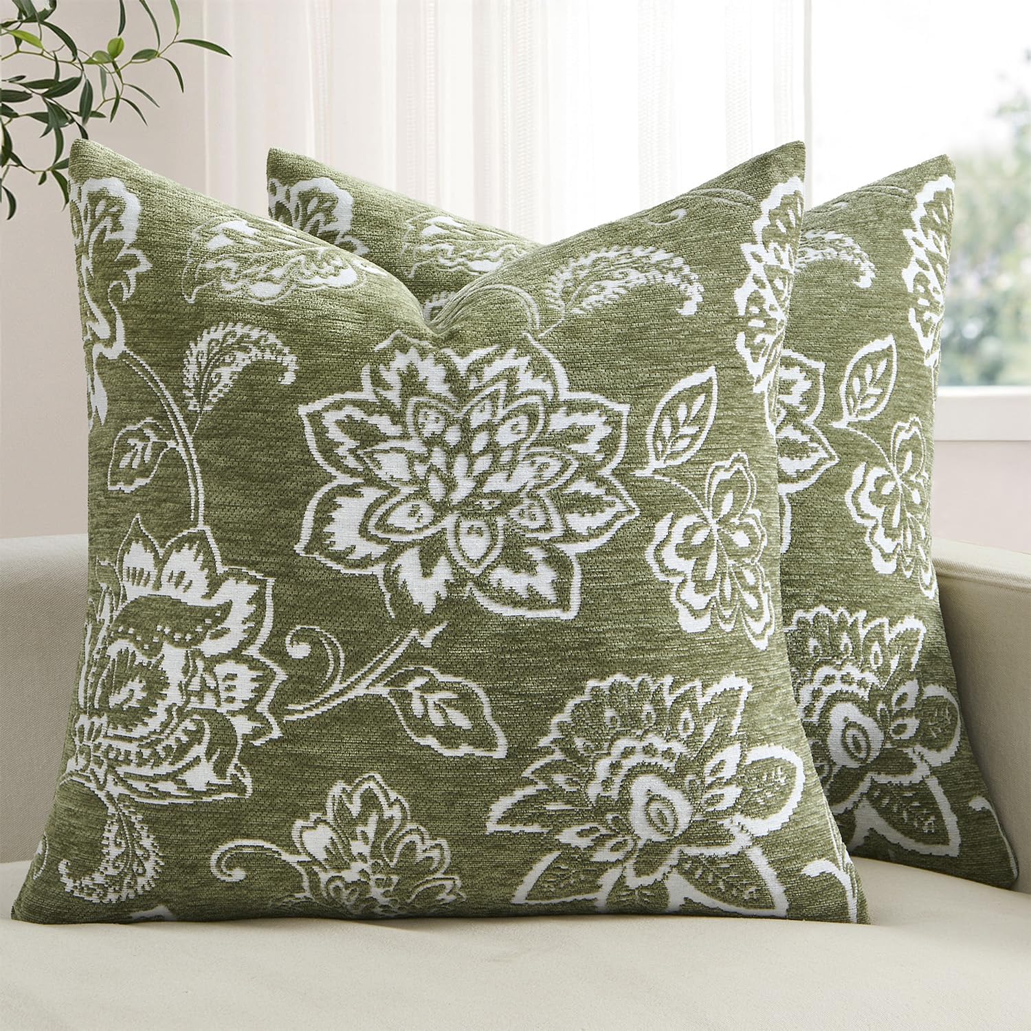 Set of 2 Vintage Decorative Floral Pillow Covers Boho Farmhouse Chenille Cushion Covers for Sofa Couch Living Room Summer Home Decor 18x18 Inch Sage Green