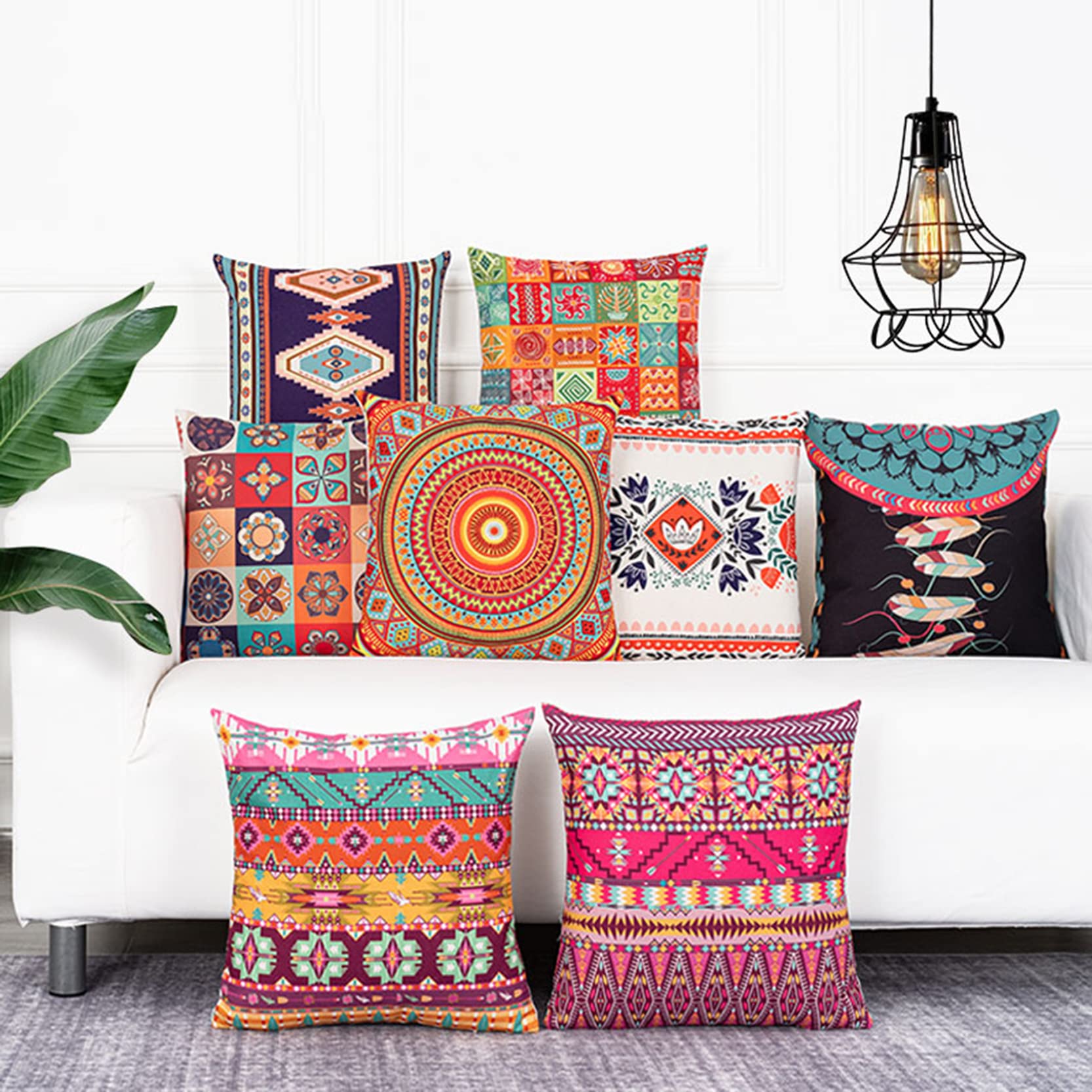 Juego de 2 Fundas Almohada Decorativas Estilo Chino, Seda, Bohemio, algodón y Lino, con diseño Mandala, cuadradas, for decoración del hogar(E,45 x 45 cm (Pack of 2))