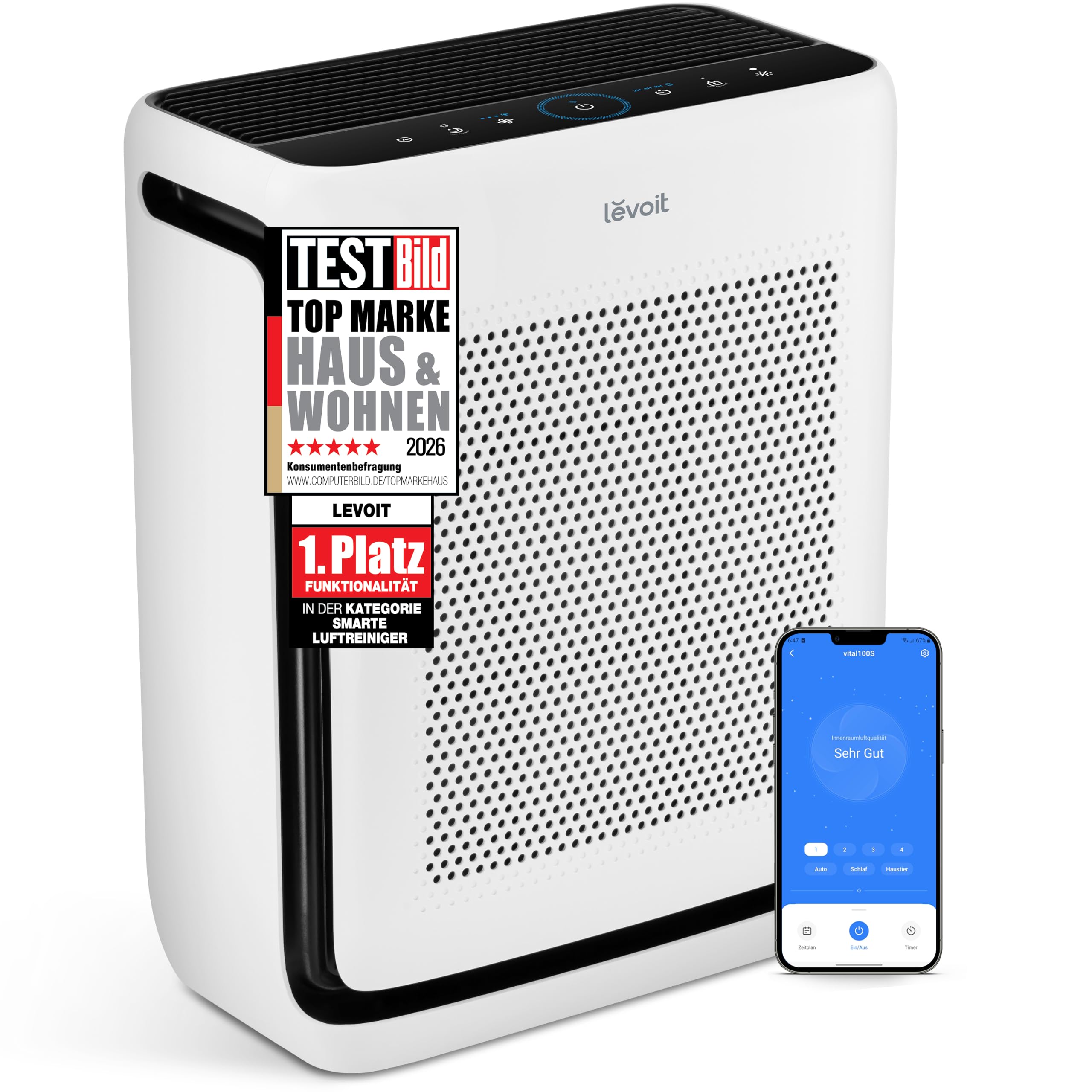 Levoit HEPA Luftreiniger Allergiker mit Tiermodus, bis 87㎡, Weiß/Schwarz | CADR 416m³/h, mit Tiermodus, waschbarer Vorfilter, HEPA Filter gegen Tierhaare, App und Alexa