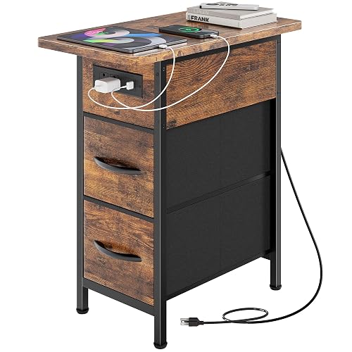 Huuger Narrow End Table with Charging Station, Side Table with 2 Drawers | Slim Night Stand with USB-C Port for Small Spaces, Flip Top Nightstand Bedside Couch Table, Living Room, Rustic Brown - Rustic Brown - 11.8 "W