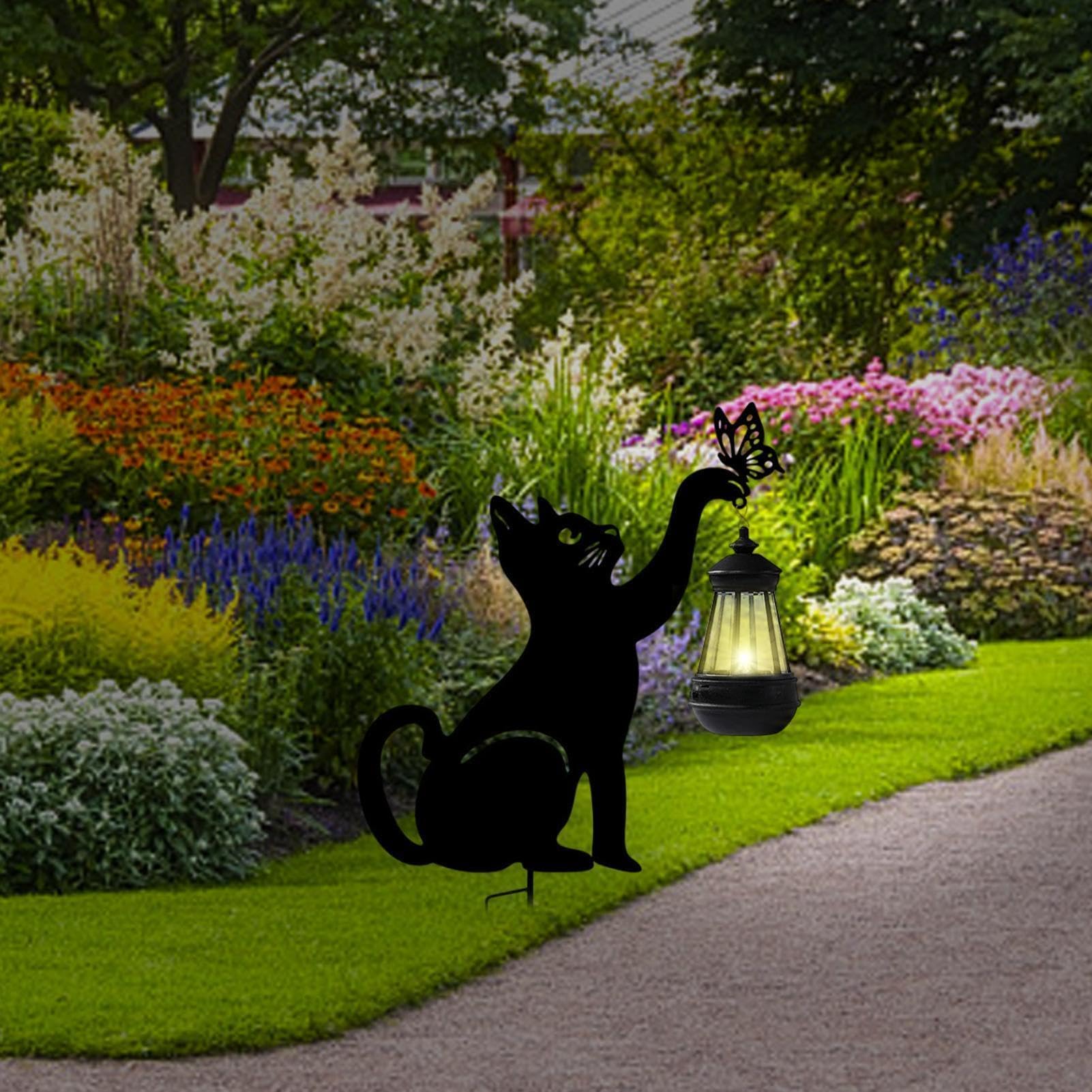 Lampa solarna na zewnątrz – latarnia w kształcie kota | metalowa lampa solarna do podjazdu, ogrodu, podwórka, patio, werandy, tarasu, trawnika, ogrodzenia, chodnika