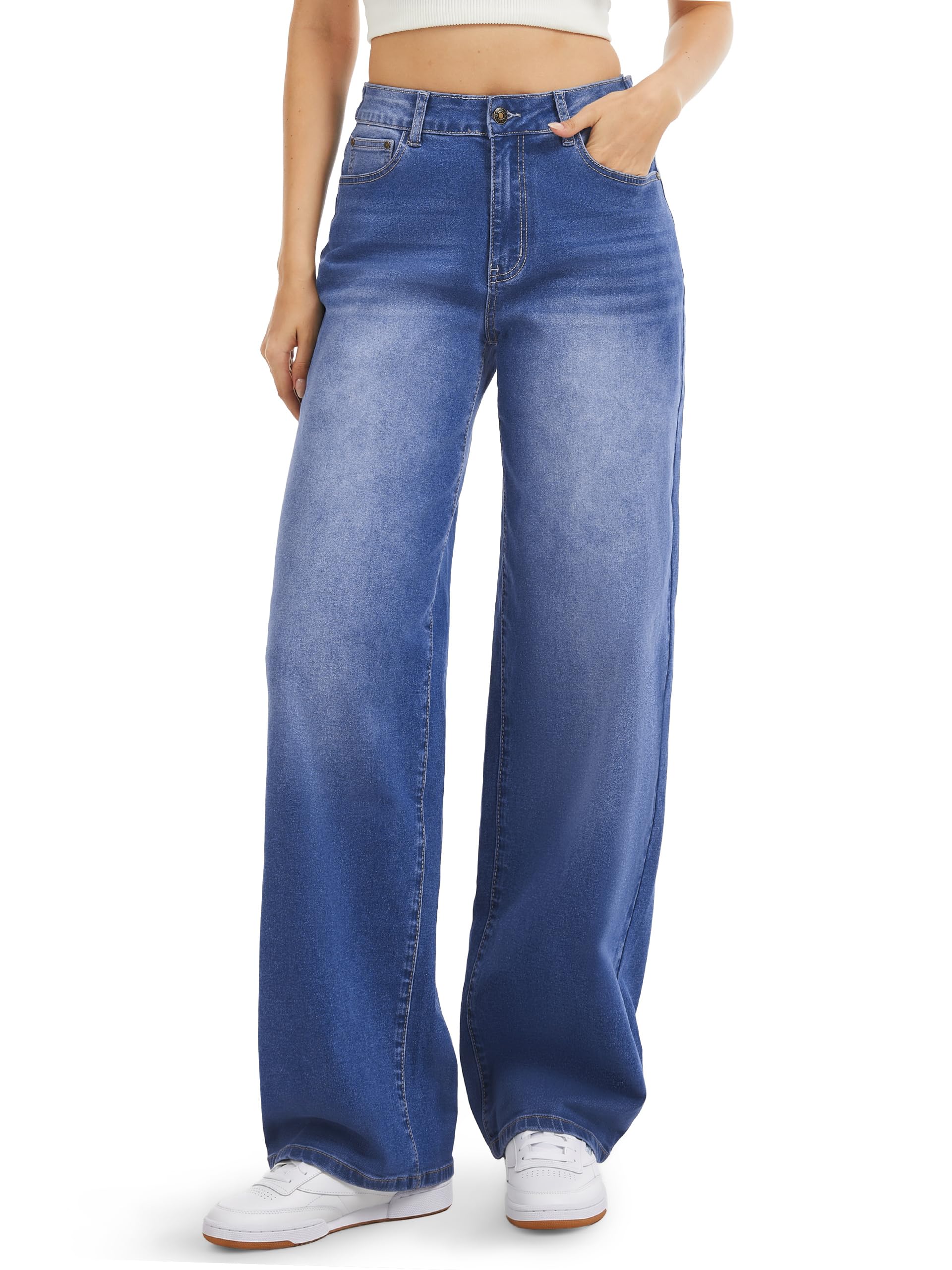 Tapata Women's 28" Inseam Wide Leg Jeans Adjustable Waist, Blue, 16