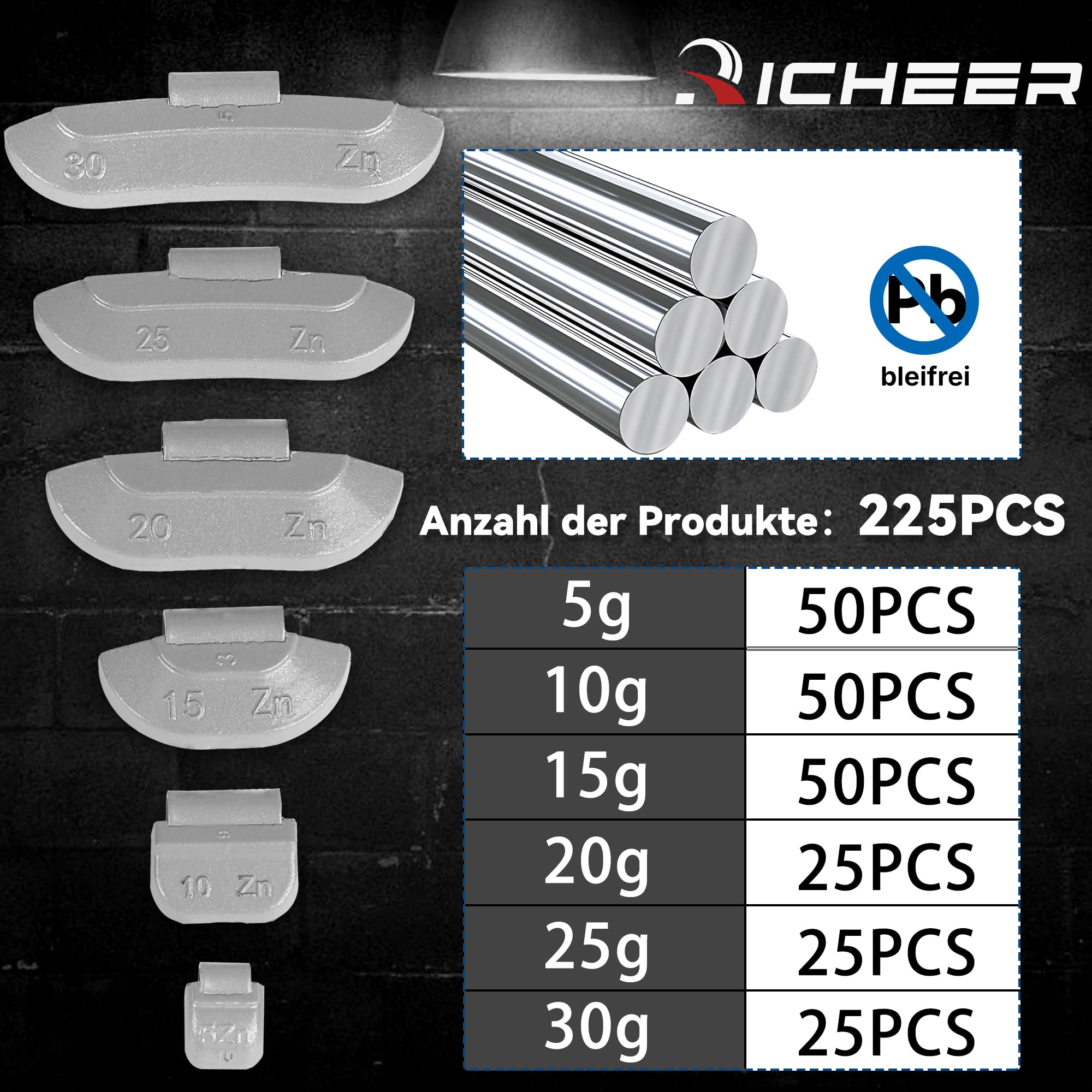 Richeer Lot de 225 masses d'équilibrage (50 de 5 g, 10 g, 15 g et 25 de 20 g, 25 g, 30 g) - Assortiment de poids en zinc pour jantes en acier