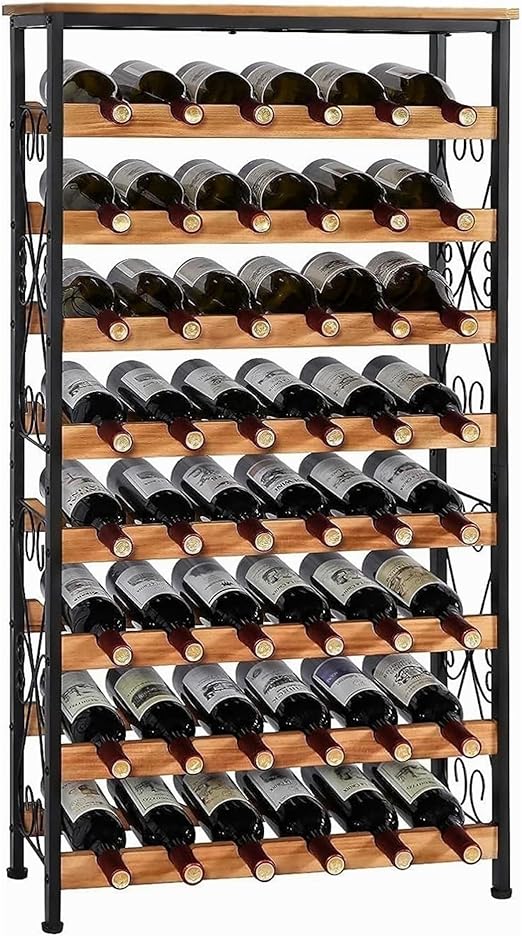 48 Bottle Wine Rack Freestanding Floor Display, 8-Tier Rustic Wood and Metal Wine Holder with Stable Wave Shelves, Large Capacity Kitchen Pantry & Bar Stand, Farmhouse Style – 65 × 26.9 × 130 cm