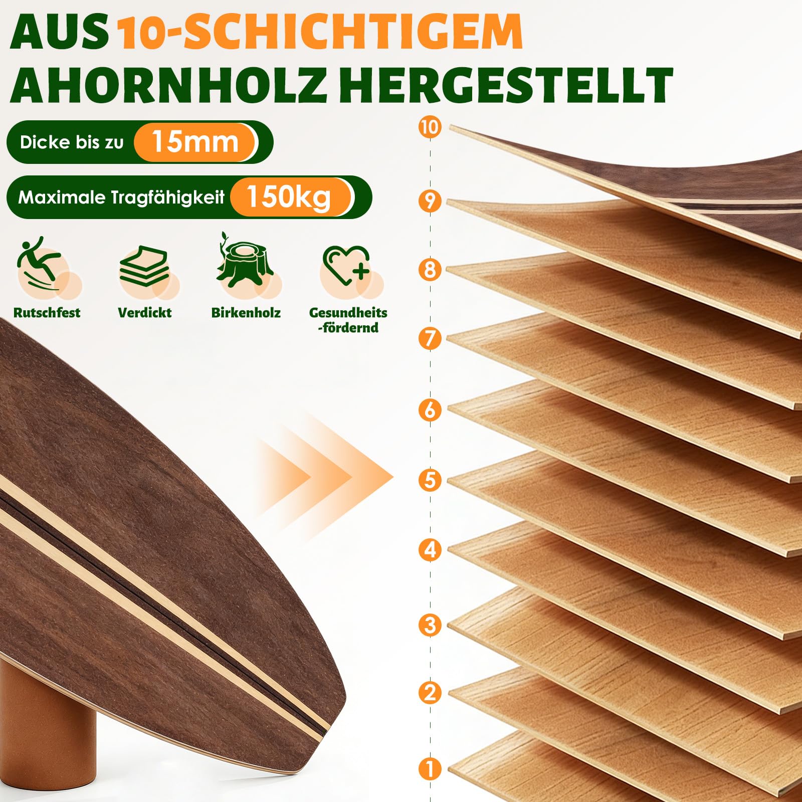 Balance Board, Holz Balance Board Erwachsene Gleichgewichtstrainer Mit Korkrolle, Kork Halbkugel und Gummiball, Balance-Trainer mit rutschfester Oberflächenbehandlung