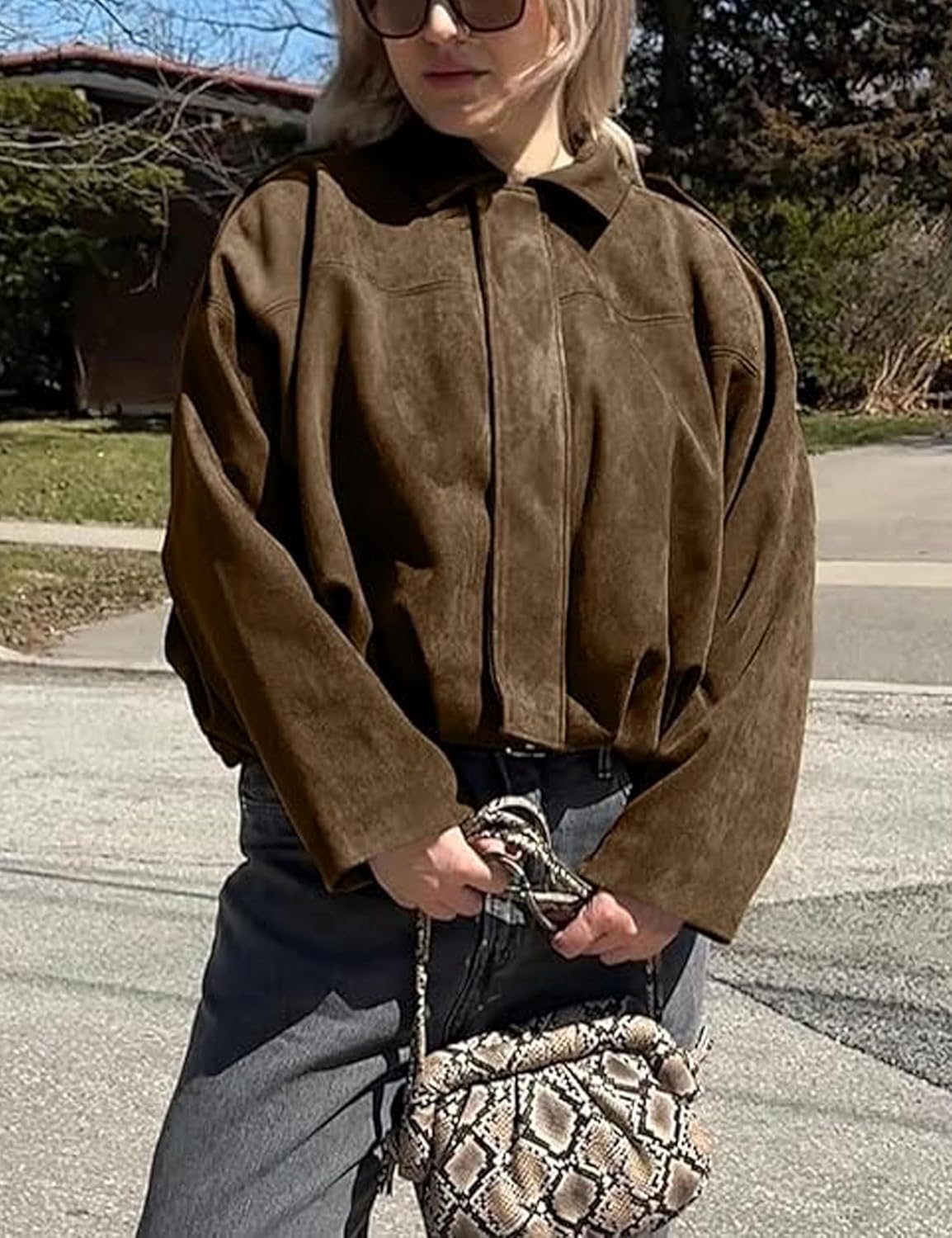 Women's Cropped Suede Bomber Jacket Long Sleeve Zipper Y2k Pilot Outerwear - Image 3