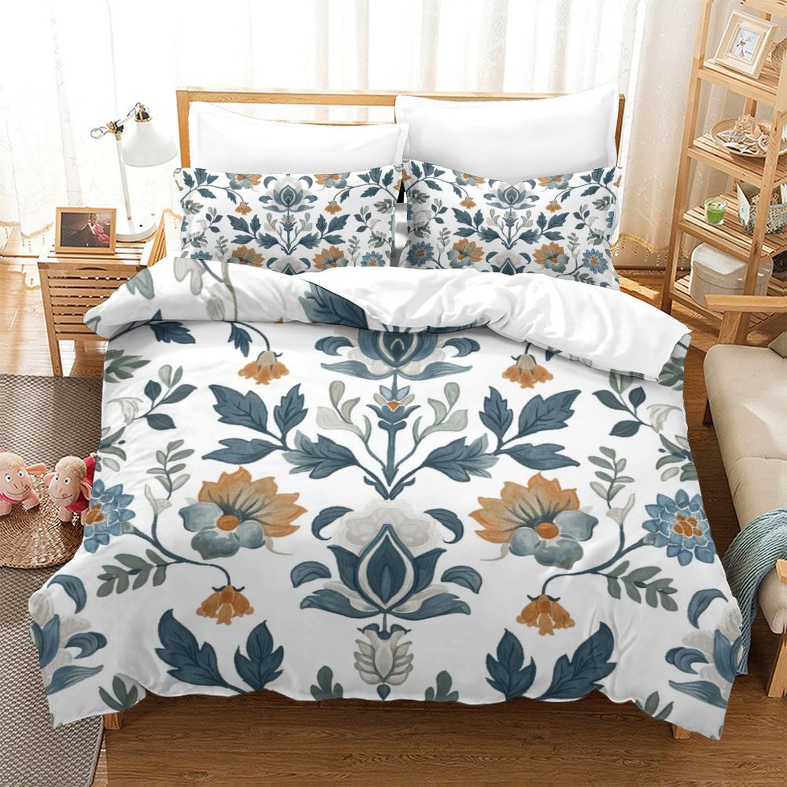 Housse de couette fleurs 3D anti-plis avec fermeture éclair fluide pour lit King 220x240