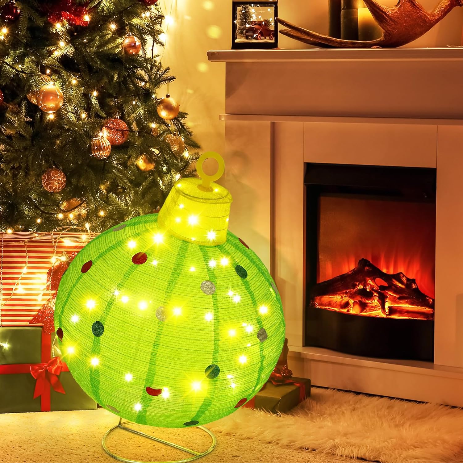 30 Inch Giant Lighted Outdoor Christmas Ball Ornament Green Glittered Pop up Christmas Ball Decor Xmas Oversized Collapsible Balls with 60 LED Lights and Base for Holiday Yard Lawn Garden