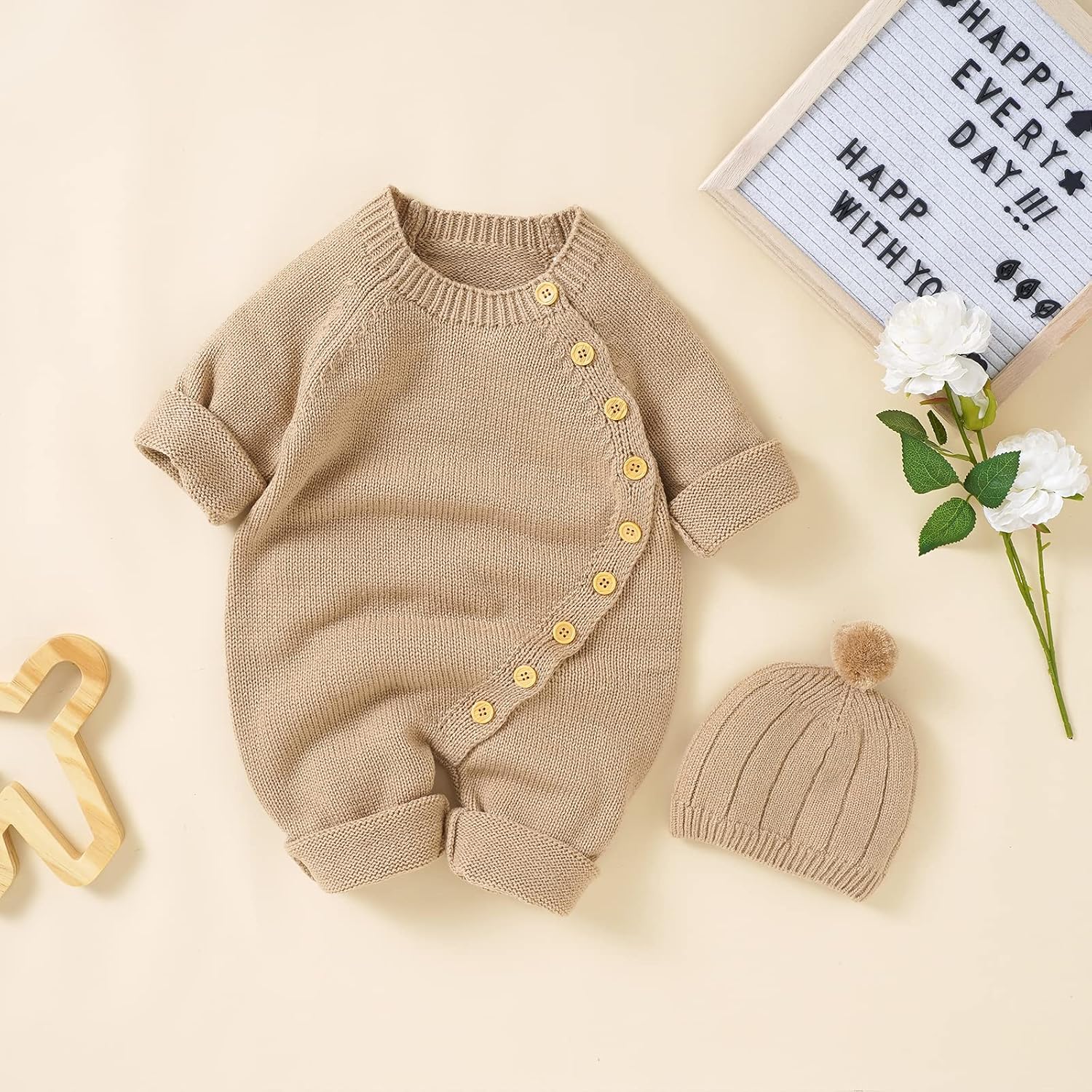 Newborn Baby Boy Girl Footie Romper Waffle Knit Side Button Jumpsuit Infant Sweater Coverall with Hat - Image 4