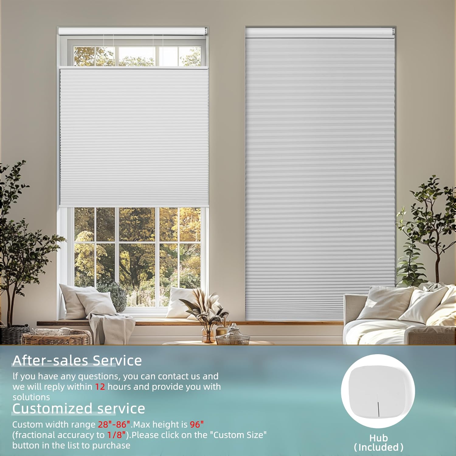 No Drill Motorized Cellular Shades, Blackout Top Down Bottom Up Honeycomb Blinds with Remote Control & Hub, Custom Rechargeable Room Darkening Cellular Blinds for Home, Living Room, White