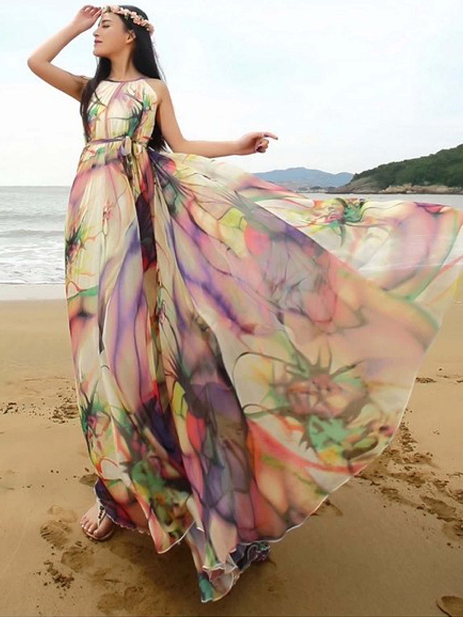 Medeshe Womens Chiffon Floral Holiday Beach Bridesmaid Maxi Dress Sundress