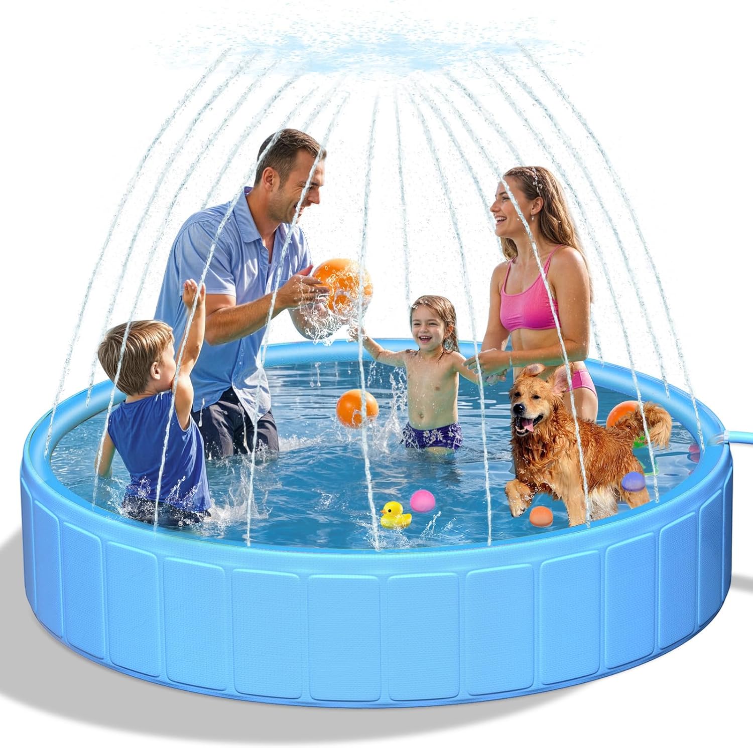 artcool 63" Thicken Large Dog Pool,Non-Slip Kiddie/Kids Pool Hard Plastic,2-in-1 Foldable Sprinkler Pet Pools,Portable Swimming Pools for Summer Outdoor Backyard