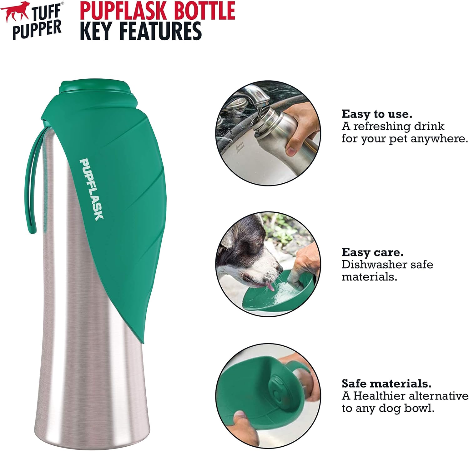 Tuff Pupper Dog Water Bottle Holder and PupFlask Portable Water Bottle - 40oz, Green