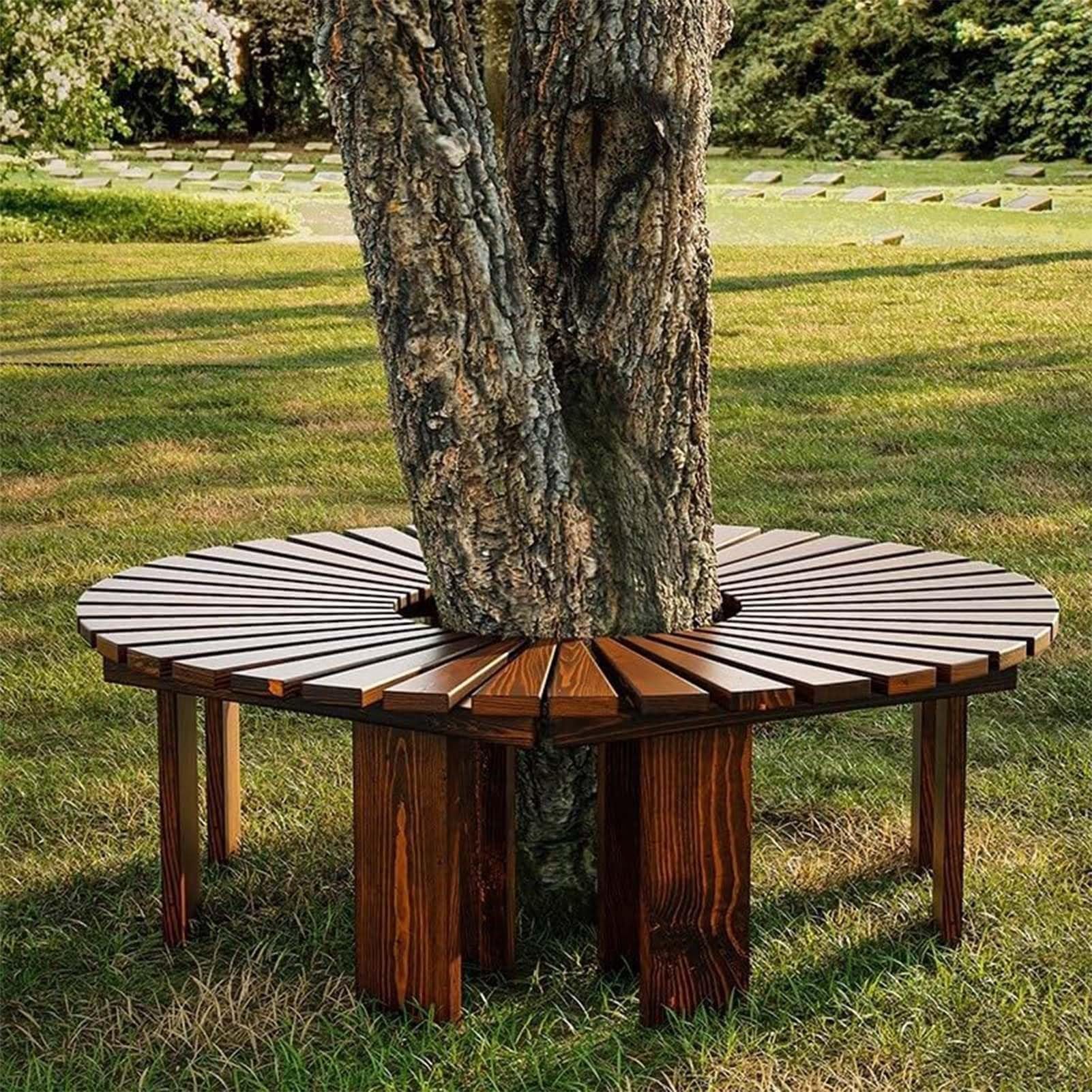 Panca da giardino per esterni per grandi alberi, panchine semicircolari per patio, panchine in legno massello senza schienale, seduta a doghe per portico, prato, giardino, cortile, 4 colori(Marrone,Ha