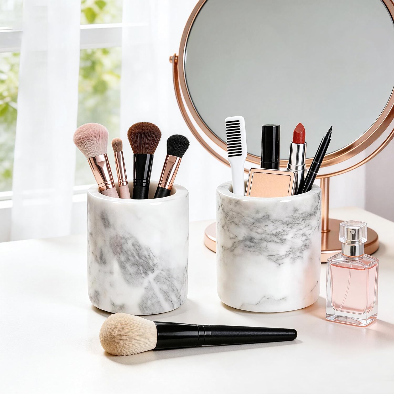 2 Pack Marble Toothbrush Holder, Heavyweight Tooth Brush Holder for Bathroom with Anti-Slip Mat, Toothbrush and Toothpaste Organizer for Countertop Vanity, Gray-White