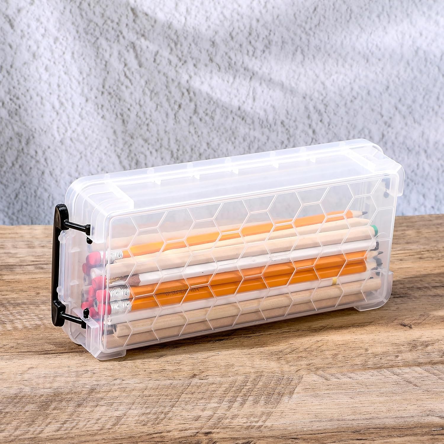 8Pack Clear Pencil Box Plastic Storage Containers with Latching Lids Stackable Office Supplies Organizer for Gel Pens Erasers Crafts Markers Crayon