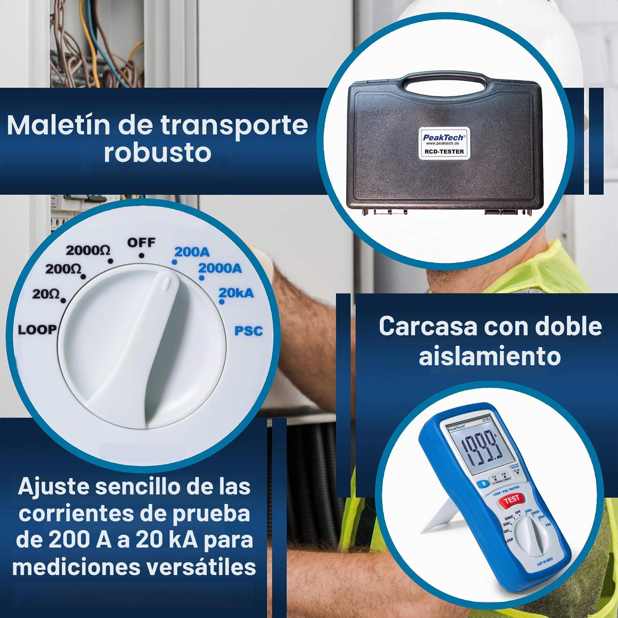 PeakTech 2715 – Probador digital de lazo PSC con pantalla LCD, probador para mediciones de impedancia, amperímetro de cortocircuito, fusible de circuito, carcasa aislada - CAT III 600 V