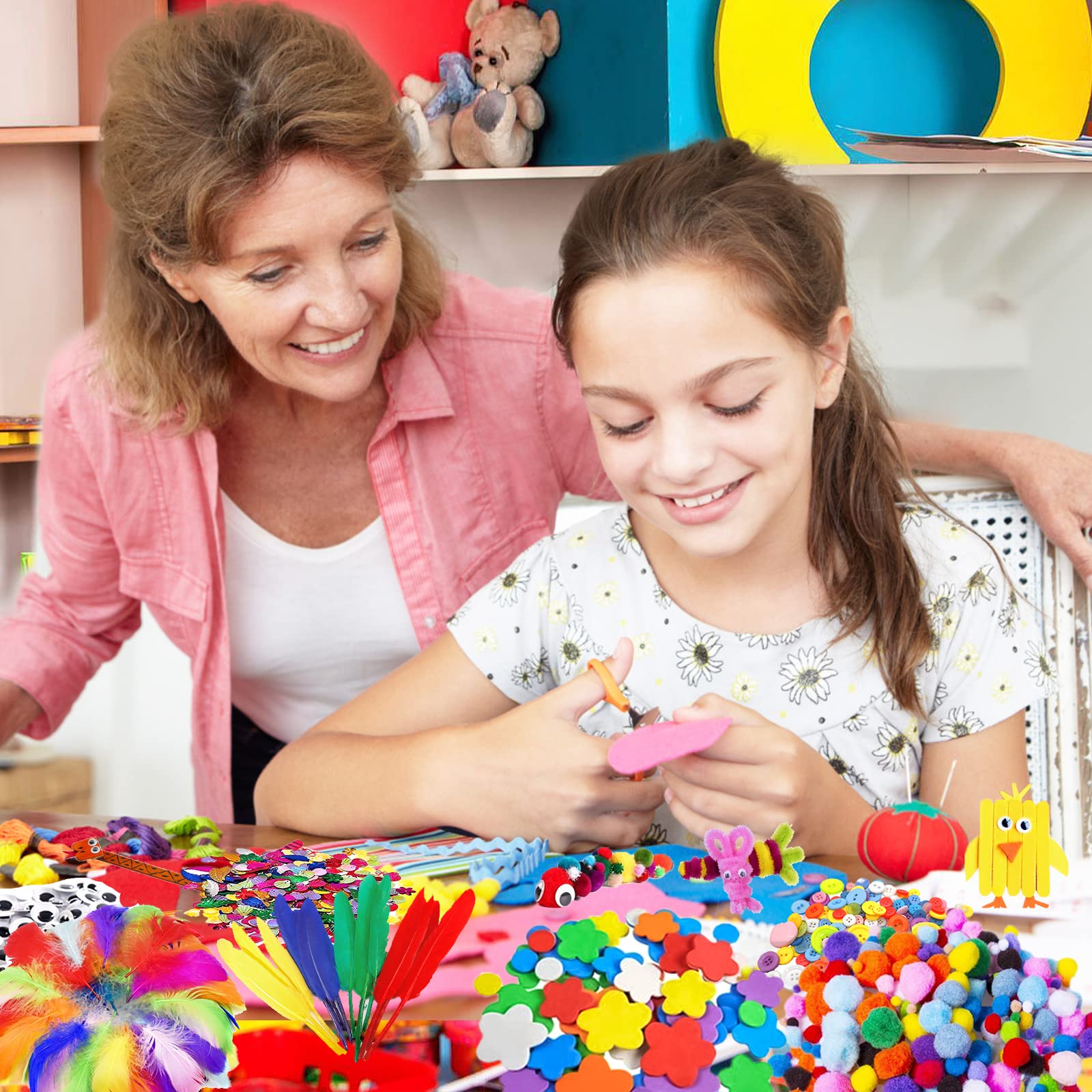 LPAOIS Kit Creativo de Manualidades para Niños 1600+ Piezas - DIY Arts Crafts 4-8 Años con Pompones, Palos, Papel de Colores - Juegos Artísticos