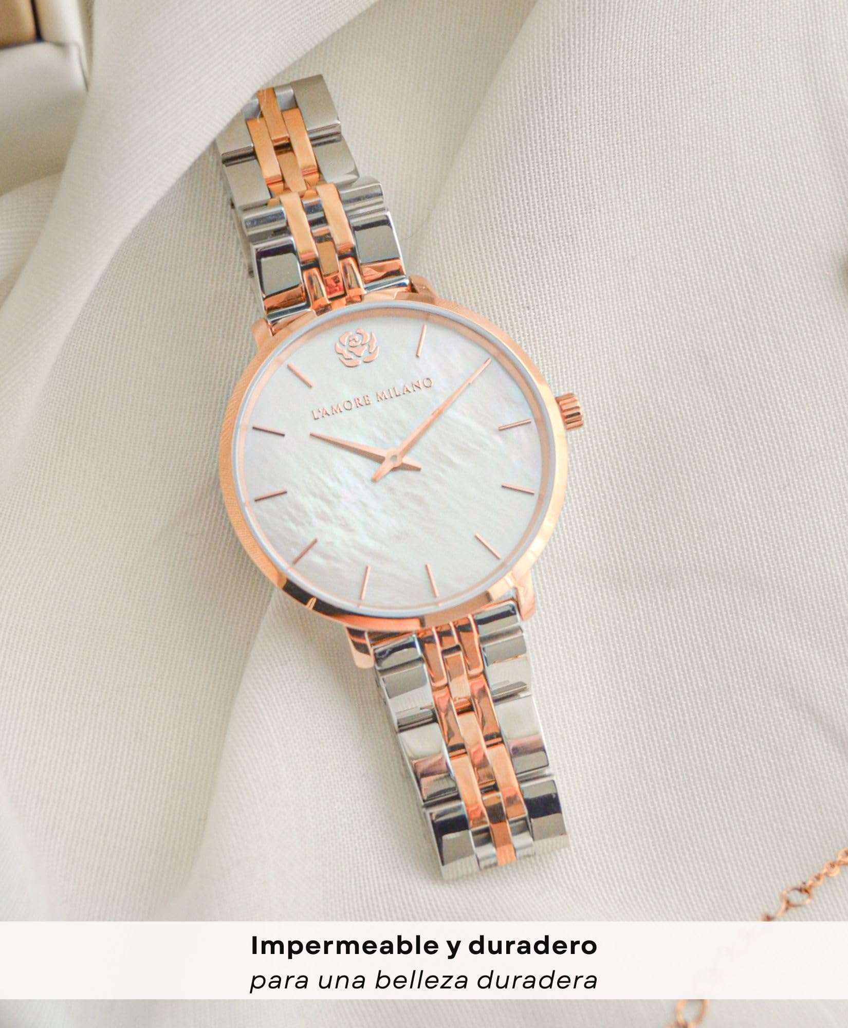 L'AMORE MILANO Reloj Mujer en Caja Rosa - Reloj de Pulsera Delgado Acero Inoxidable, Resistente al Agua 5 ATM - Regalo para Mujer, Novia, Madre - Reloj Noble 36 mm