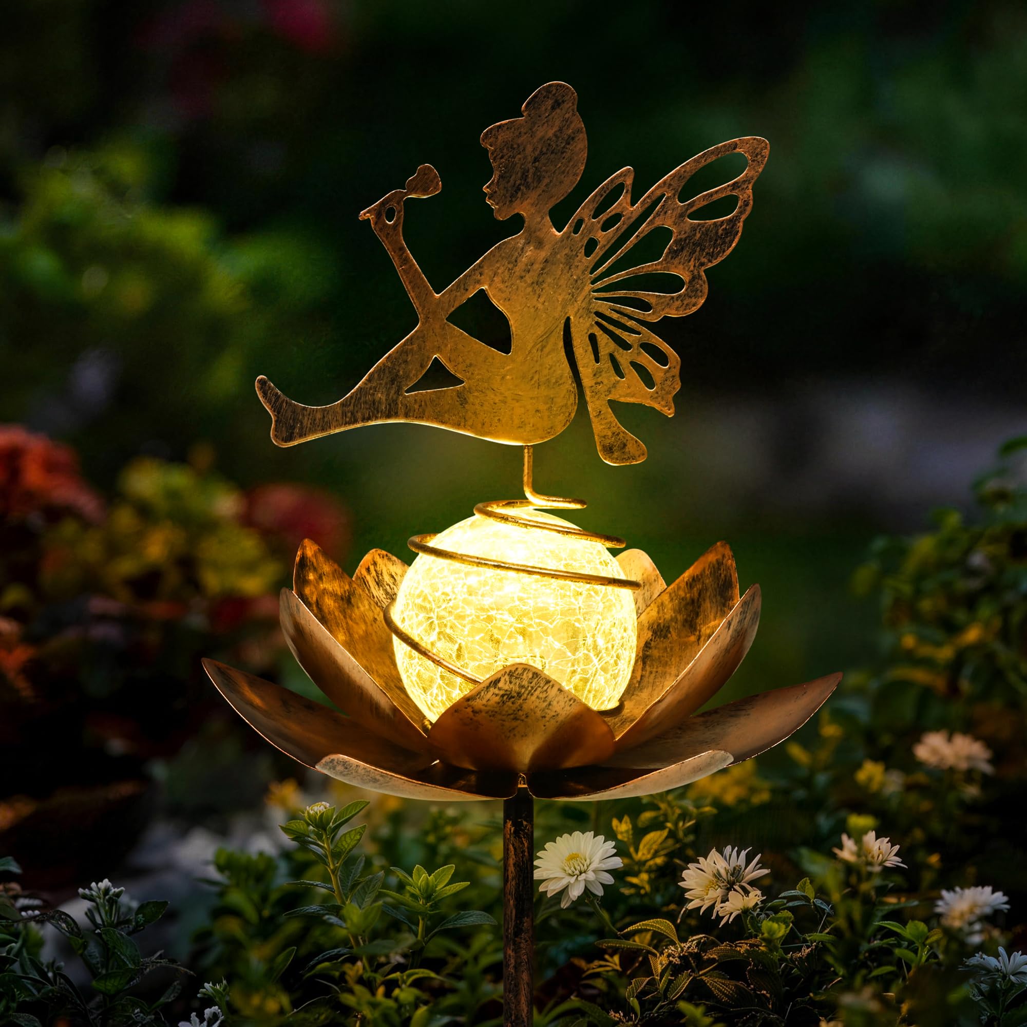 GIGALUMI Fairy Moon Solarleuchten für den Außenbereich, Mond Crackle Glaskugel Pfahl, wasserdichte Solar-Gartenornamente für Rasen