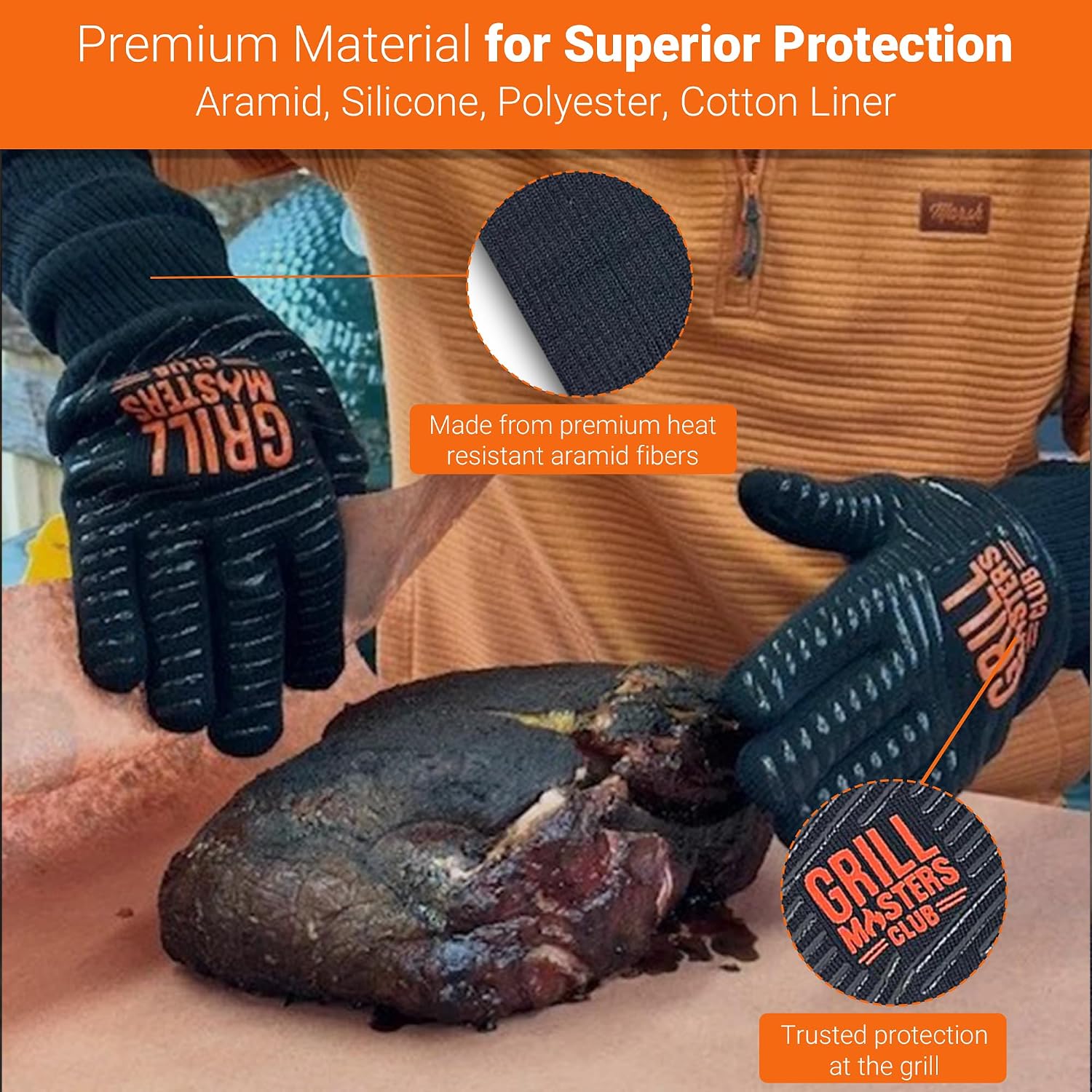 Grill Masters Club Extra Long High Temperature Grilling & BBQ Gloves Durable, Flexible, and Safe for Cooking, Grilling, Smoking, and Handling Hot Food, 1 Pair, Heat Resistant Up to 850°F