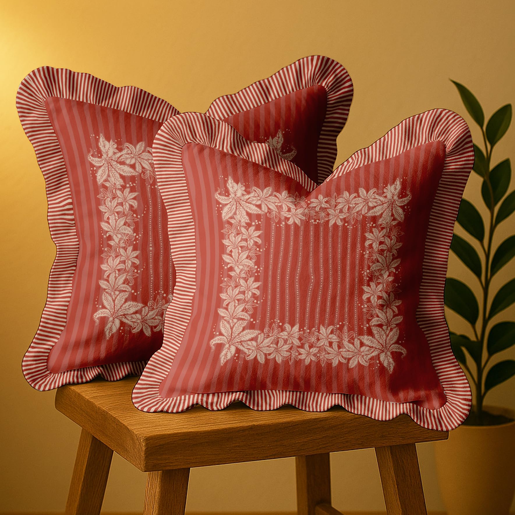 Vargottam Premium Cotton Frill Cushion Covers Set of 2, 18x18 Inches, Double Printed, Floral Design, Durable Twill Fabric, Farmhouse Look, No Fillers