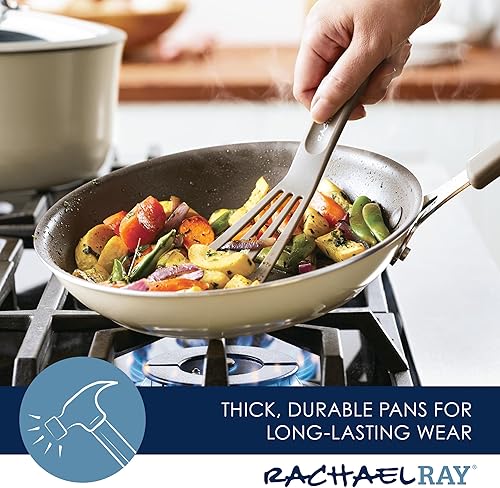 Miniatura 4 de Rachael Ray Cook + Create - Juego de ollas y sartenes antiadherentes, incluye bandeja para hornear y utensilios de cocina, 10 piezas, almendra