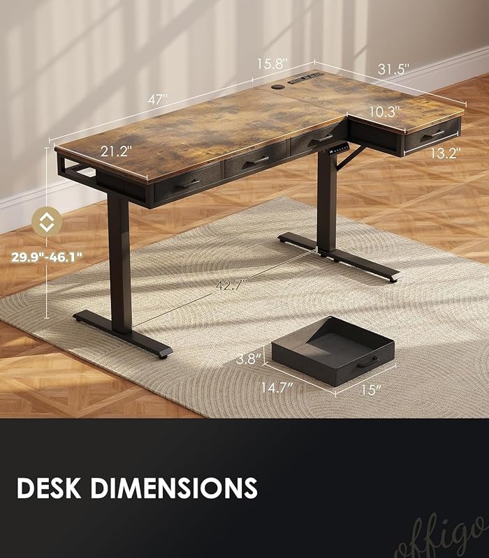 OffiGo 63 Inch L Shaped Electric Standing Desk with 4 Drawers, Rustic Brown image 3
