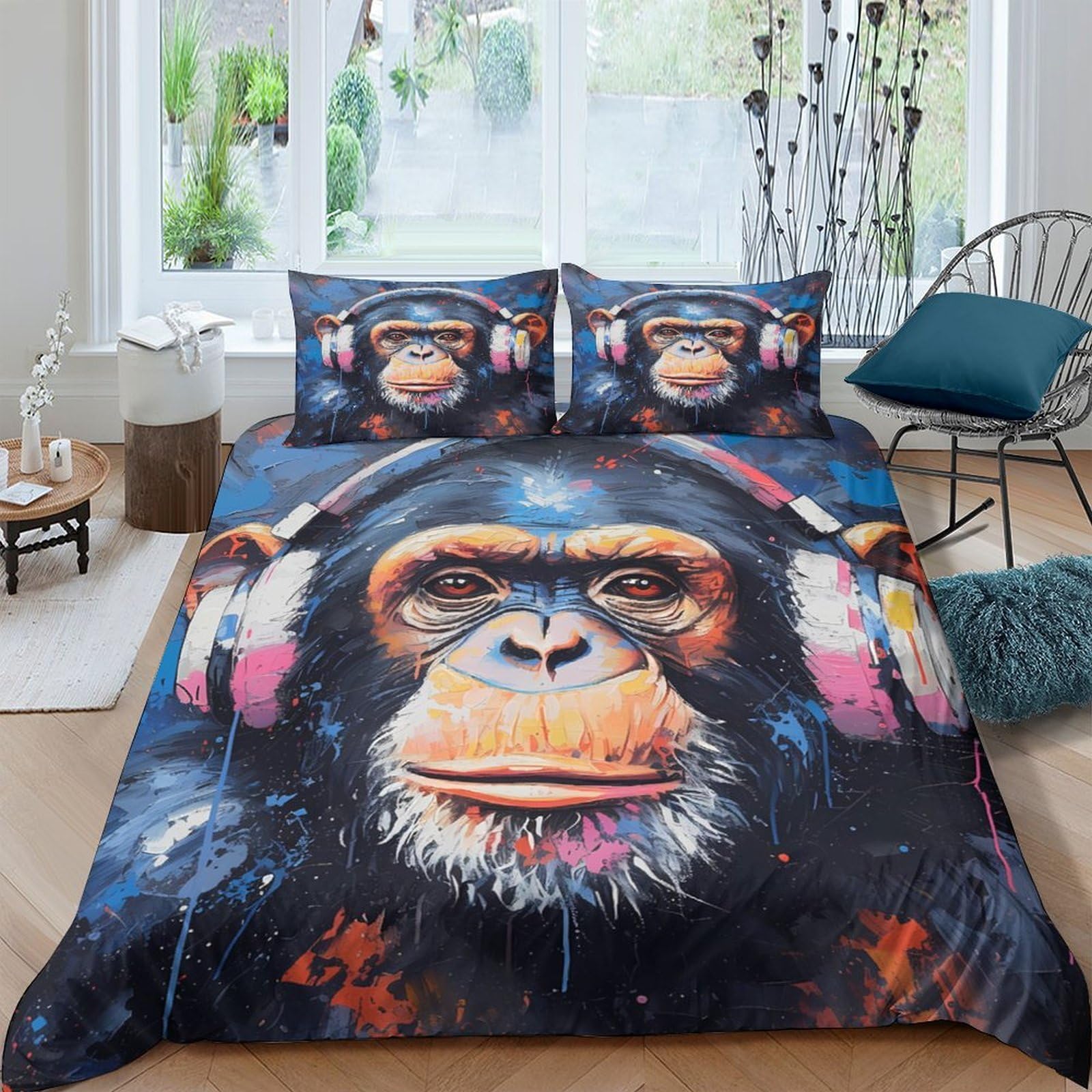 Ctjqhvkz Style-2 3D Printed Headphone Chimpanzee Fitted Sheet Microfiber Soft Art Graffiti Mattress Cover For Bedroom Dorm Decor Single（135X200cm）