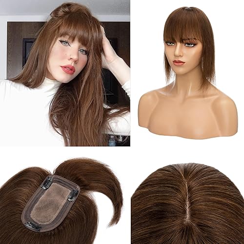 prokyvity Hair Toppers para mujer, cabello humano real, para mujer, con cabello delgado, 100% cabello humano con flequillo, 2.7 x 5.1 pulgadas, 150%