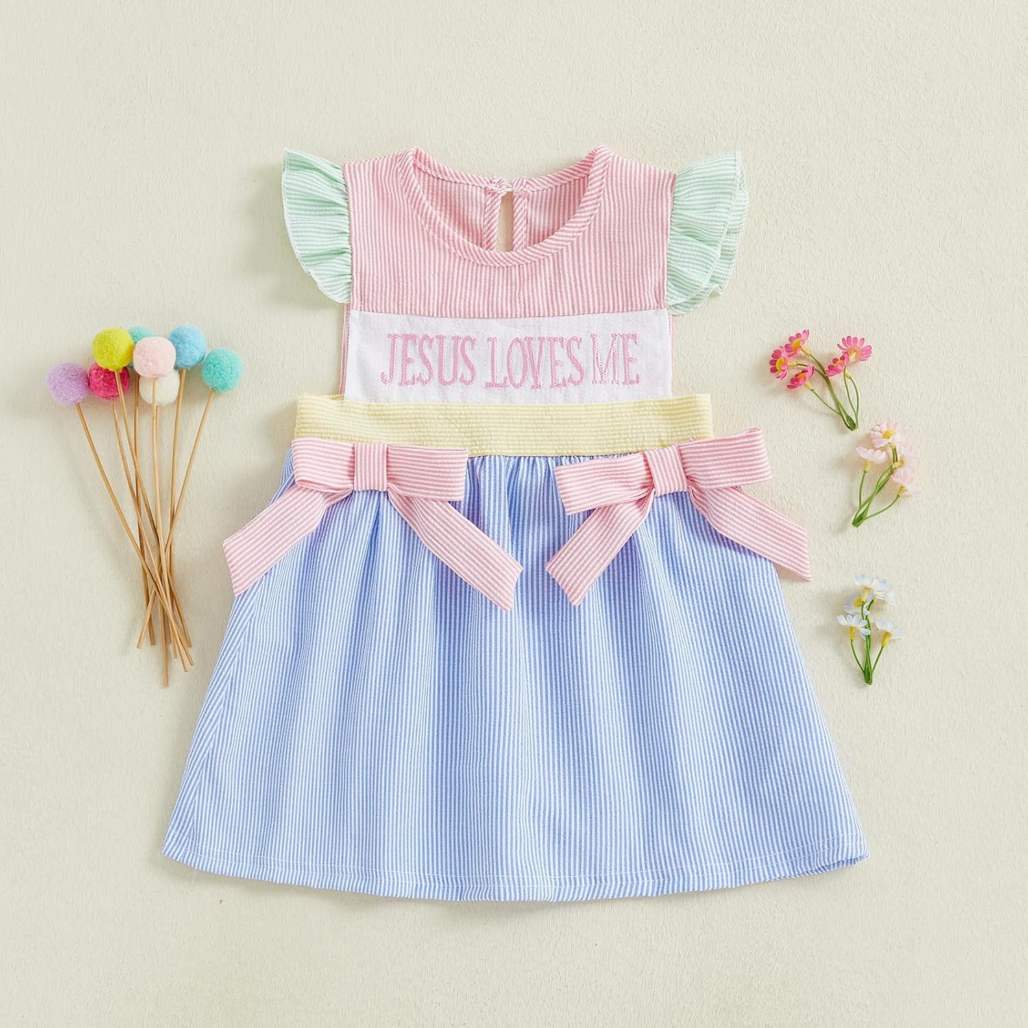 Toddler Baby Girl Summer Clothes Jesus Loves Me Embroidery Smocked Dress Stripe Ruffle Sleeve Dresses Baptism Outfit